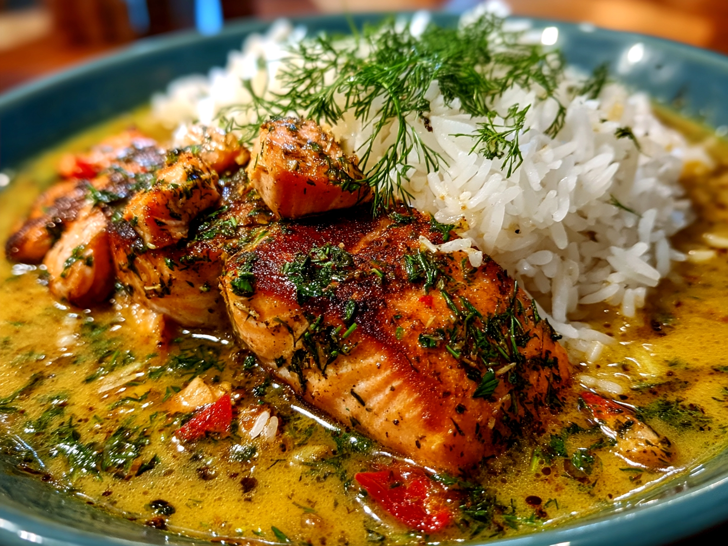 Caribbean-Style Coconut Curry Salmon on a serving plate garnished with fresh herbs