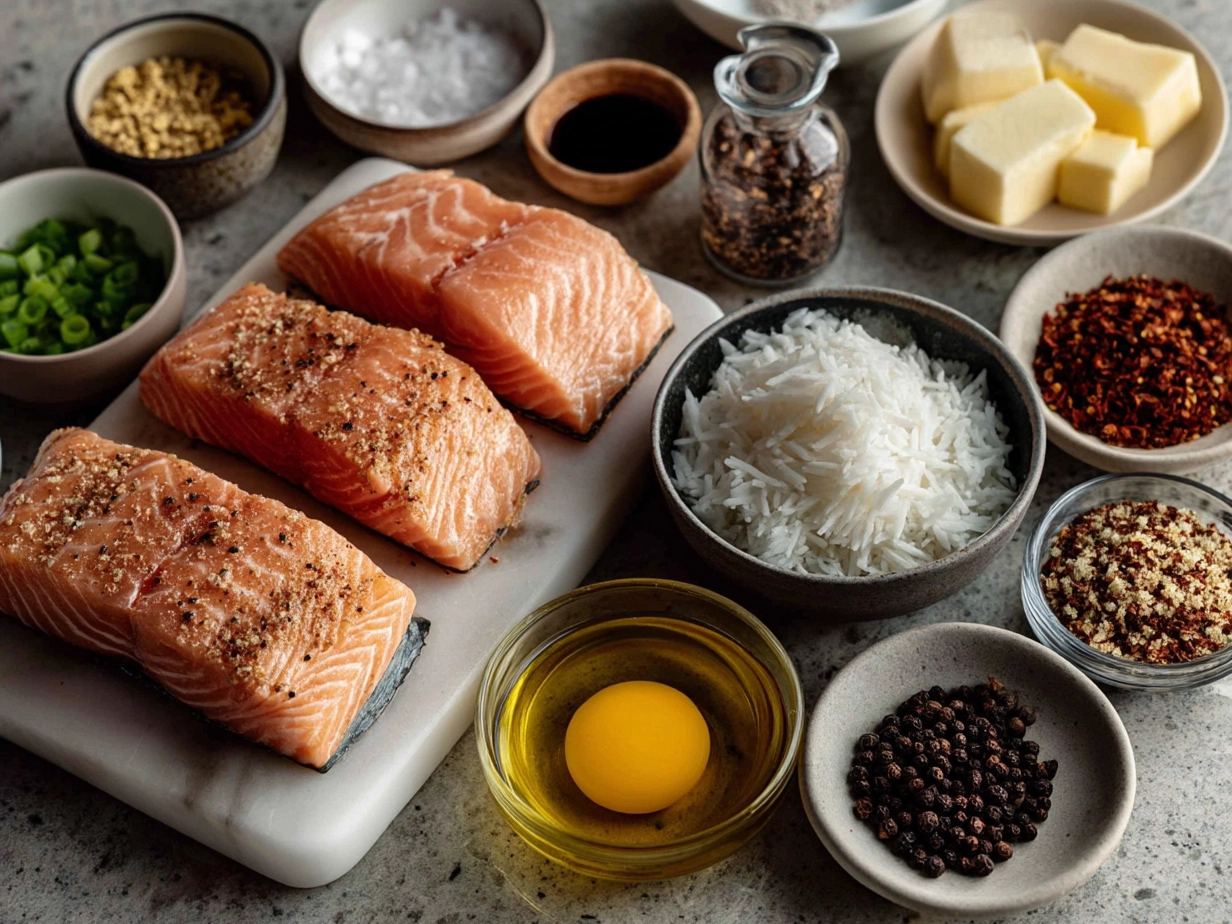 Ingredients for Caribbean-Style Coconut Curry Salmon laid out on a table