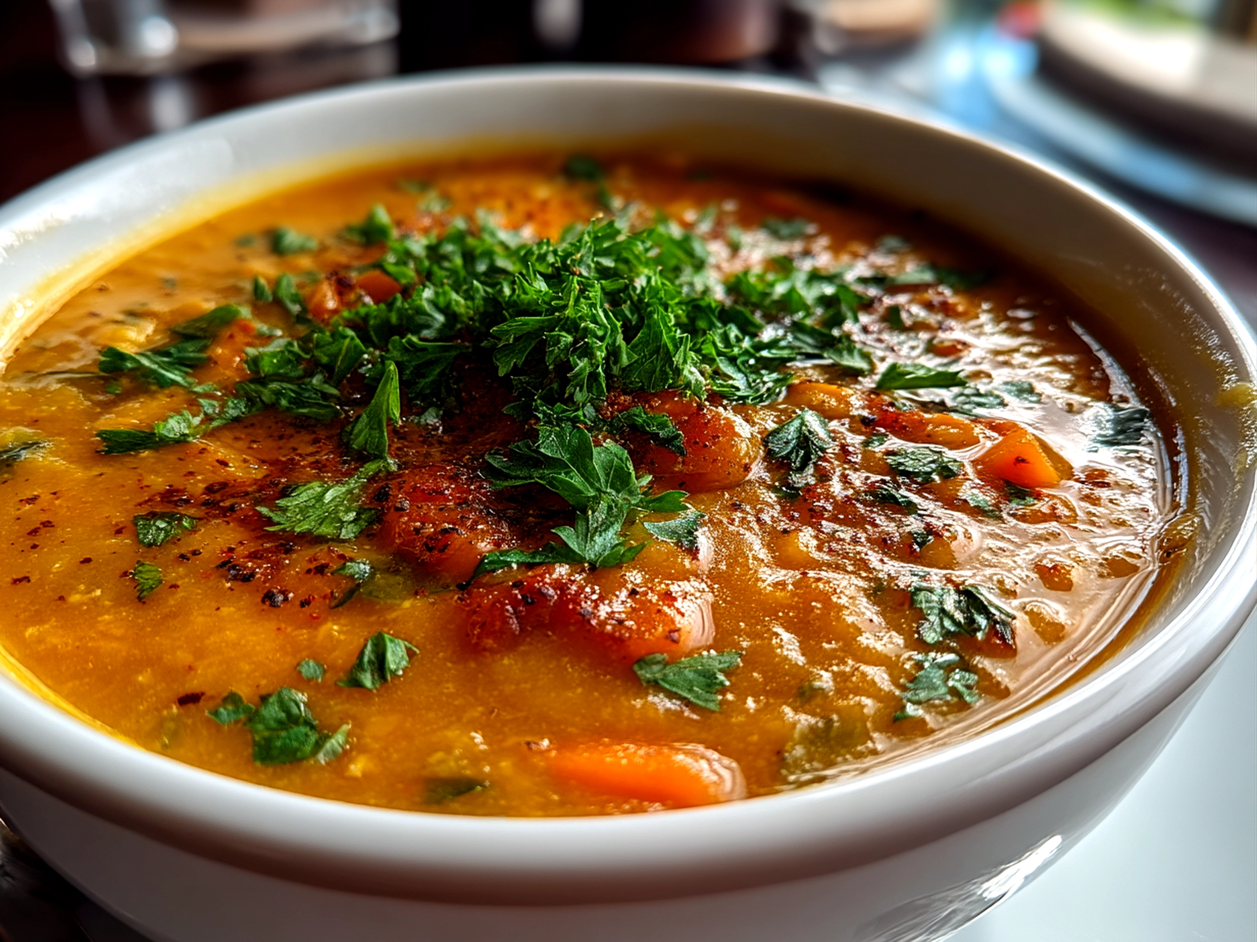 Bowl of Carrot and Lentil Soup served ready to eat