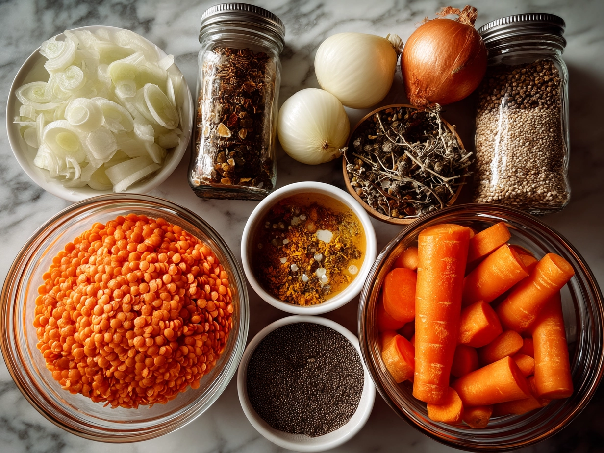 Ingredients for Carrot and Lentil Soup including carrots, lentils, onion, garlic, and spices