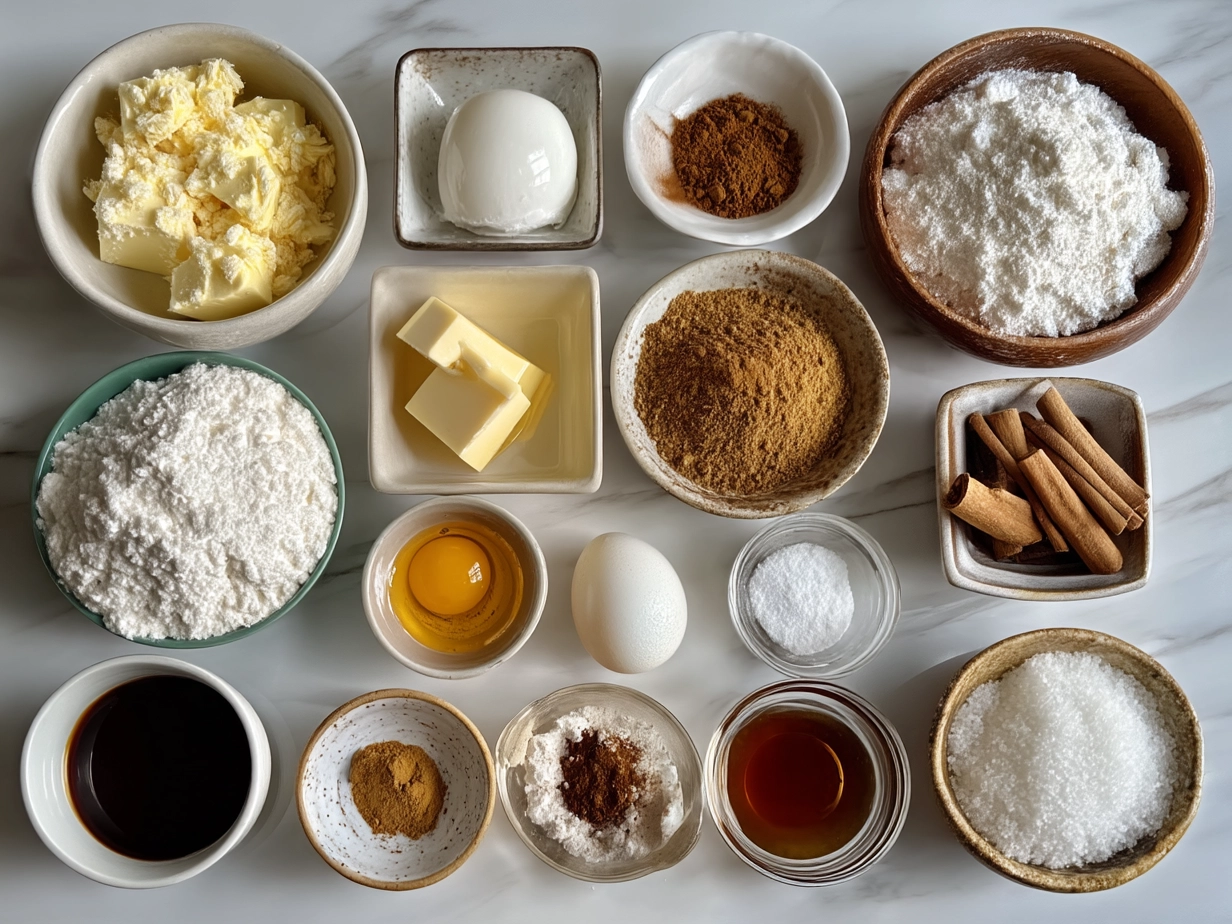 Ingredients for Cinnamon Roll Cheesecake Cookies laid out on a kitchen counter