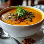 Close-up of freshly prepared butternut squash soup with a rich inviting finish