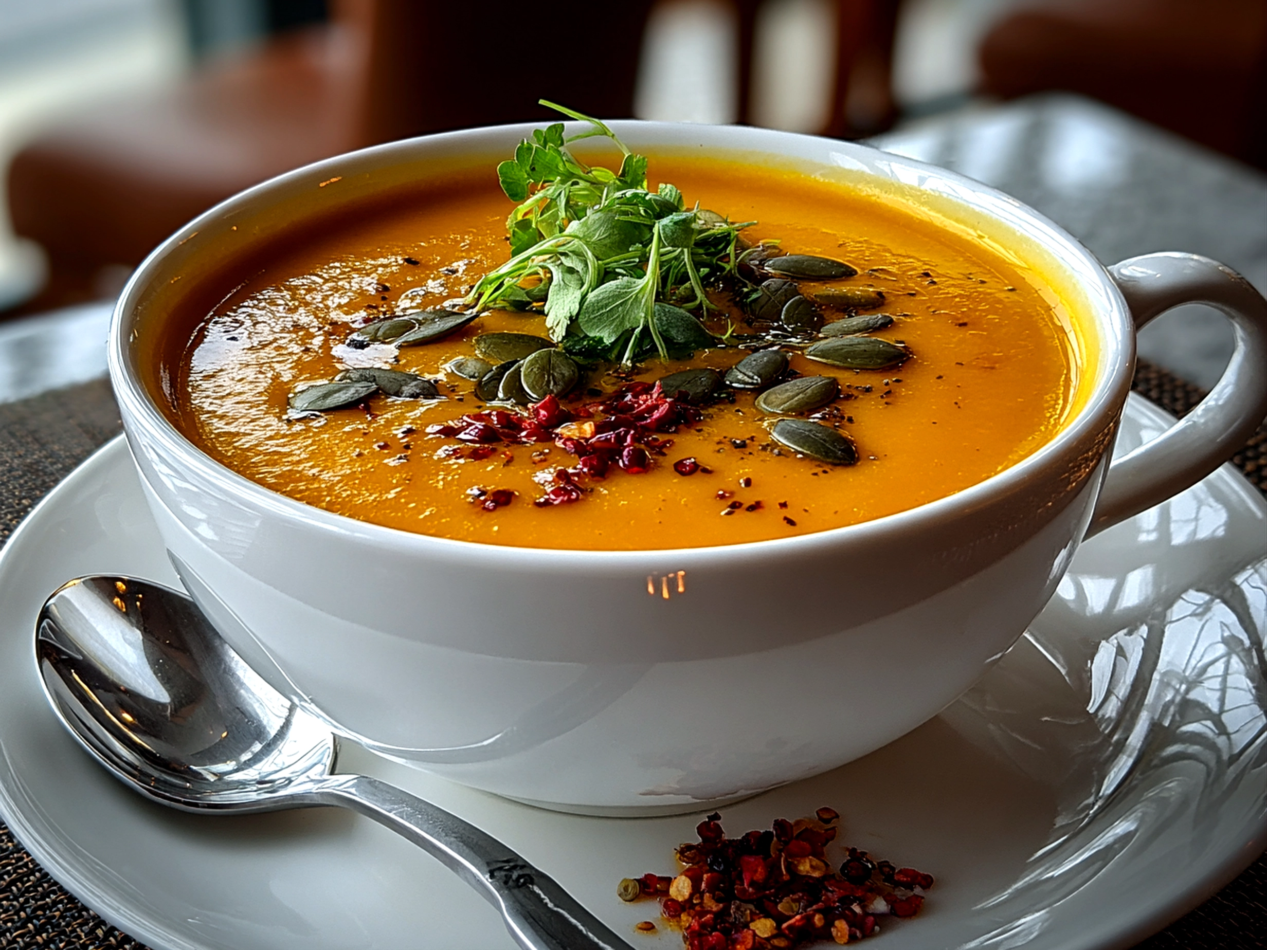Close-up of freshly prepared butternut squash soup with a rich inviting finish