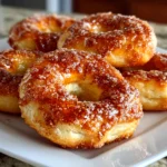 Close-up of freshly prepared cinnamon sugar bagels on white plate