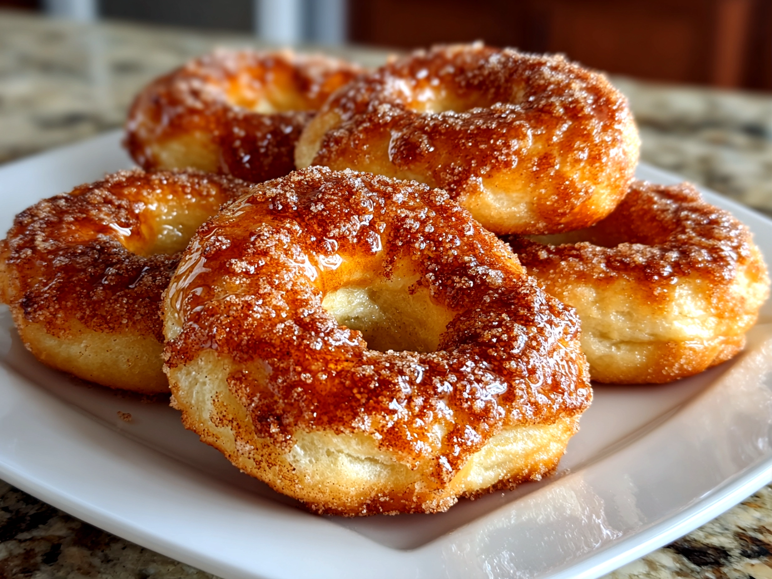 Close-up of freshly prepared cinnamon sugar bagels on white plate