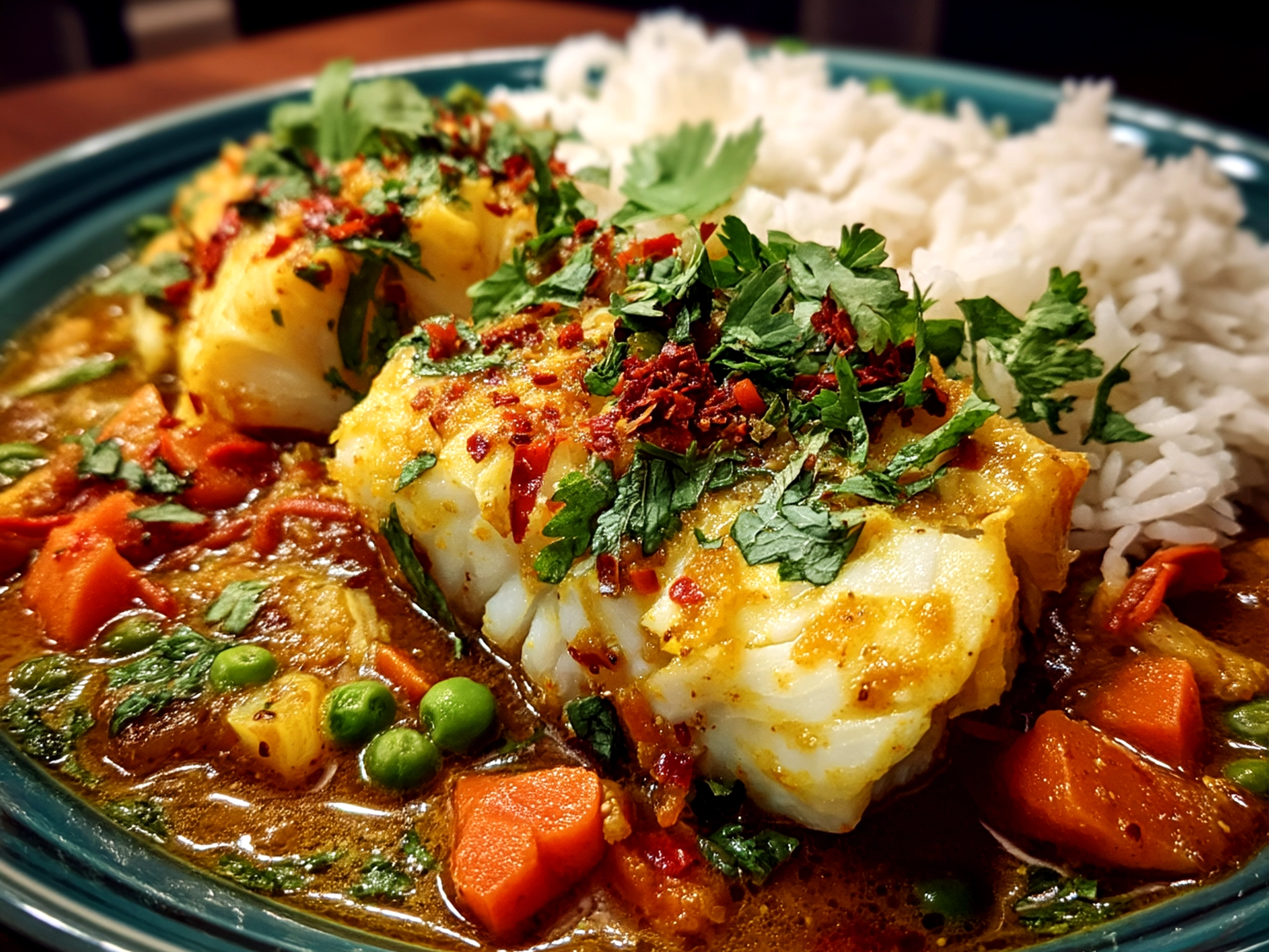 Serving presentation of Coconut Curry Baked Cod with fresh herbs and rice