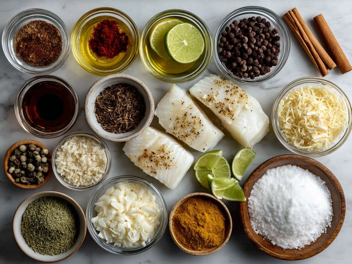 Ingredients for Coconut Curry Baked Cod including fresh cod fillets, coconut milk, curry paste, and spices