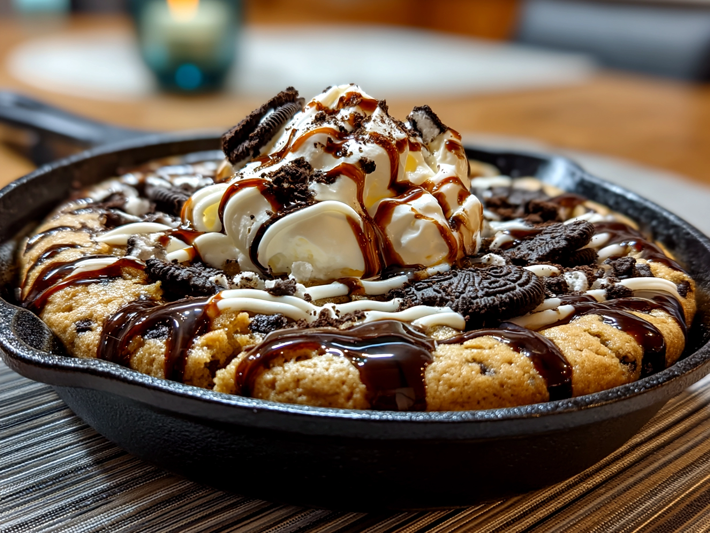Warm Cookies Cream Skillet Cookie served with a scoop of vanilla ice cream on top in skillet