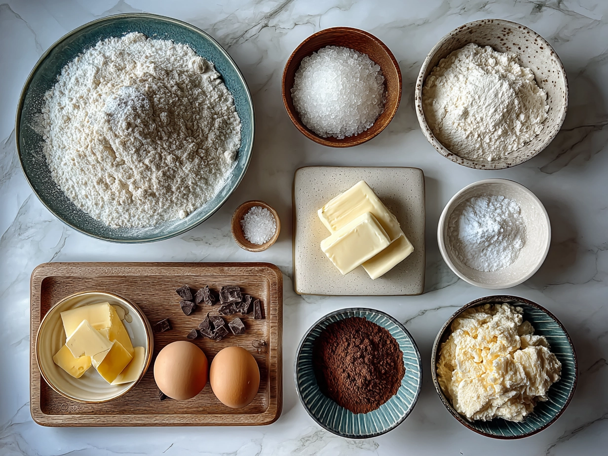 Ingredients laid out for Cookies Cream Skillet Cookie recipe including butter, sugars, eggs, flour, chocolate chips and Oreo cookies