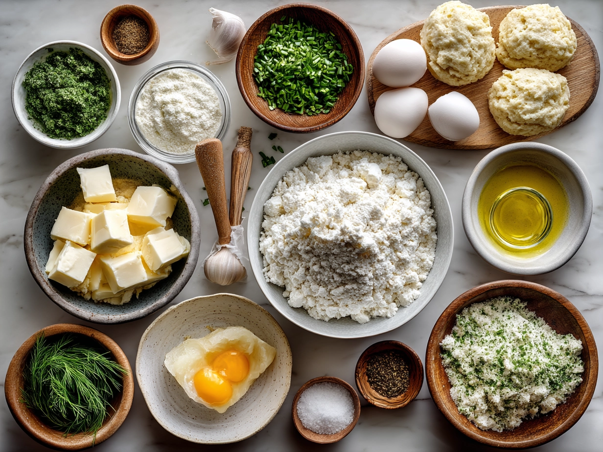Ingredients for Cottage Cheese and Herb Biscuits including flour, butter, herbs, and cheese
