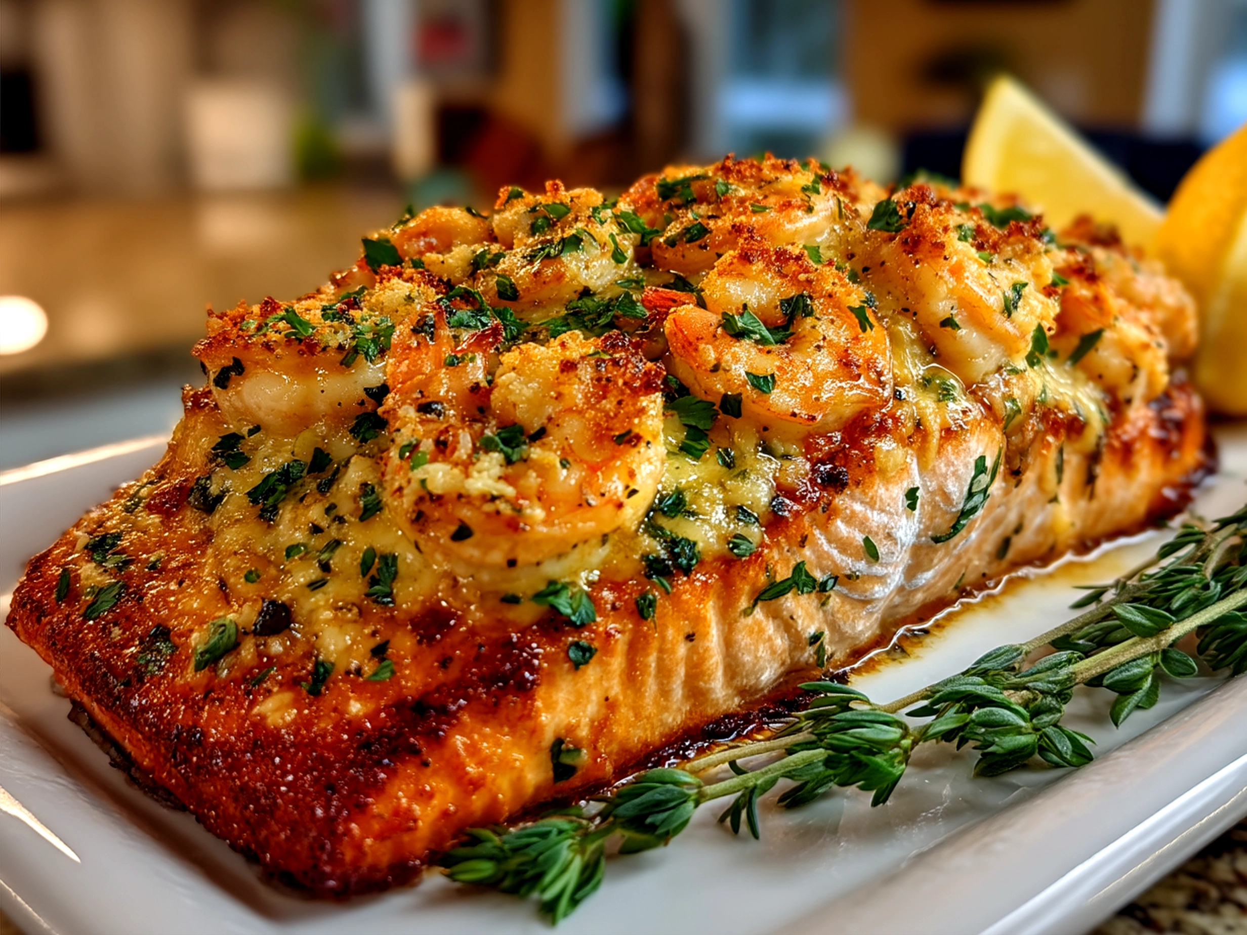 Ready to serve plate of Crab And Shrimp Stuffed Salmon with sides