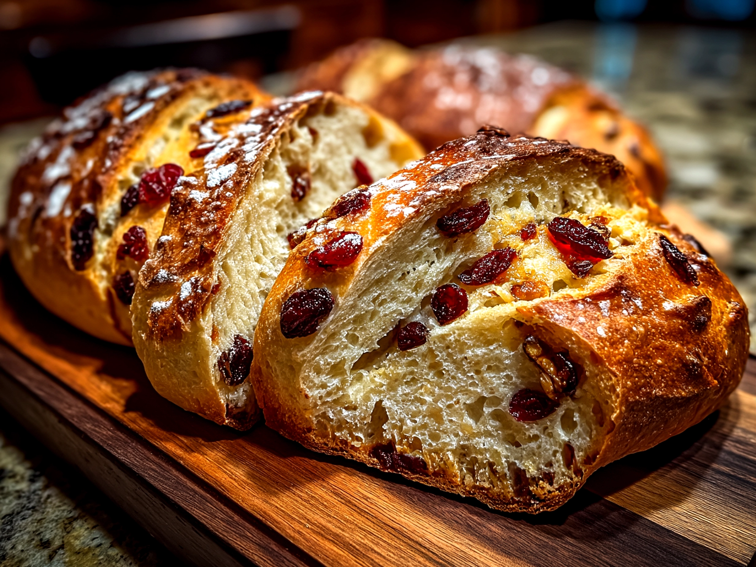 Sliced Cranberry Raisin Walnut Cinnamon Artisan Bread served on a rustic plate with a cup of coffee