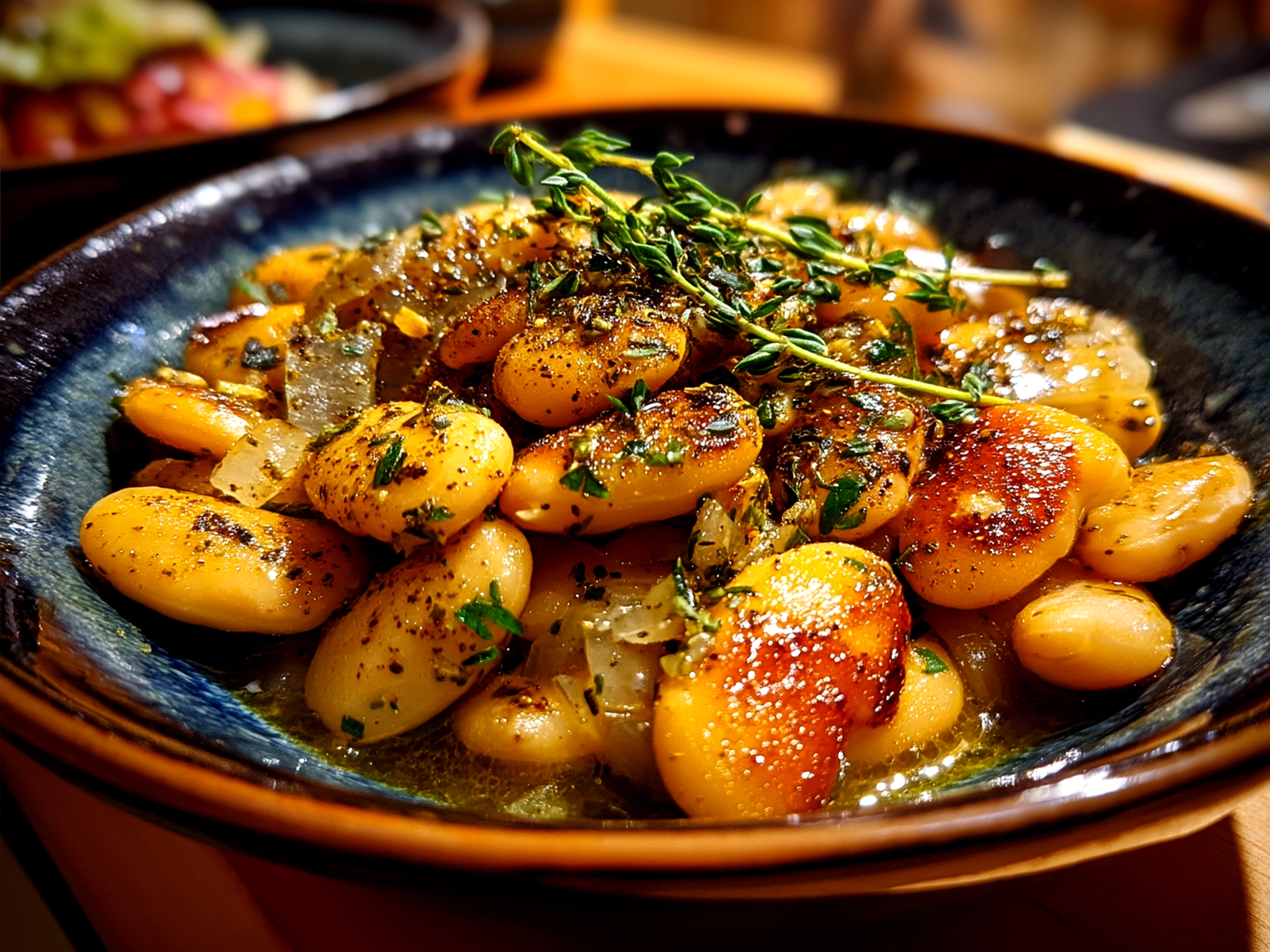 Creamy Miso Butter Beans served on a rustic plate garnished with fresh herbs