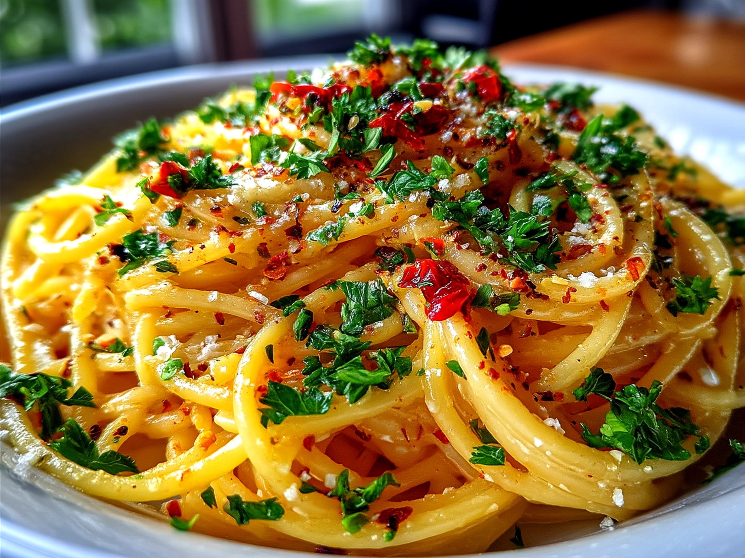 Serving Creamy Roast Garlic and Lemon Pasta Sauce with garnish