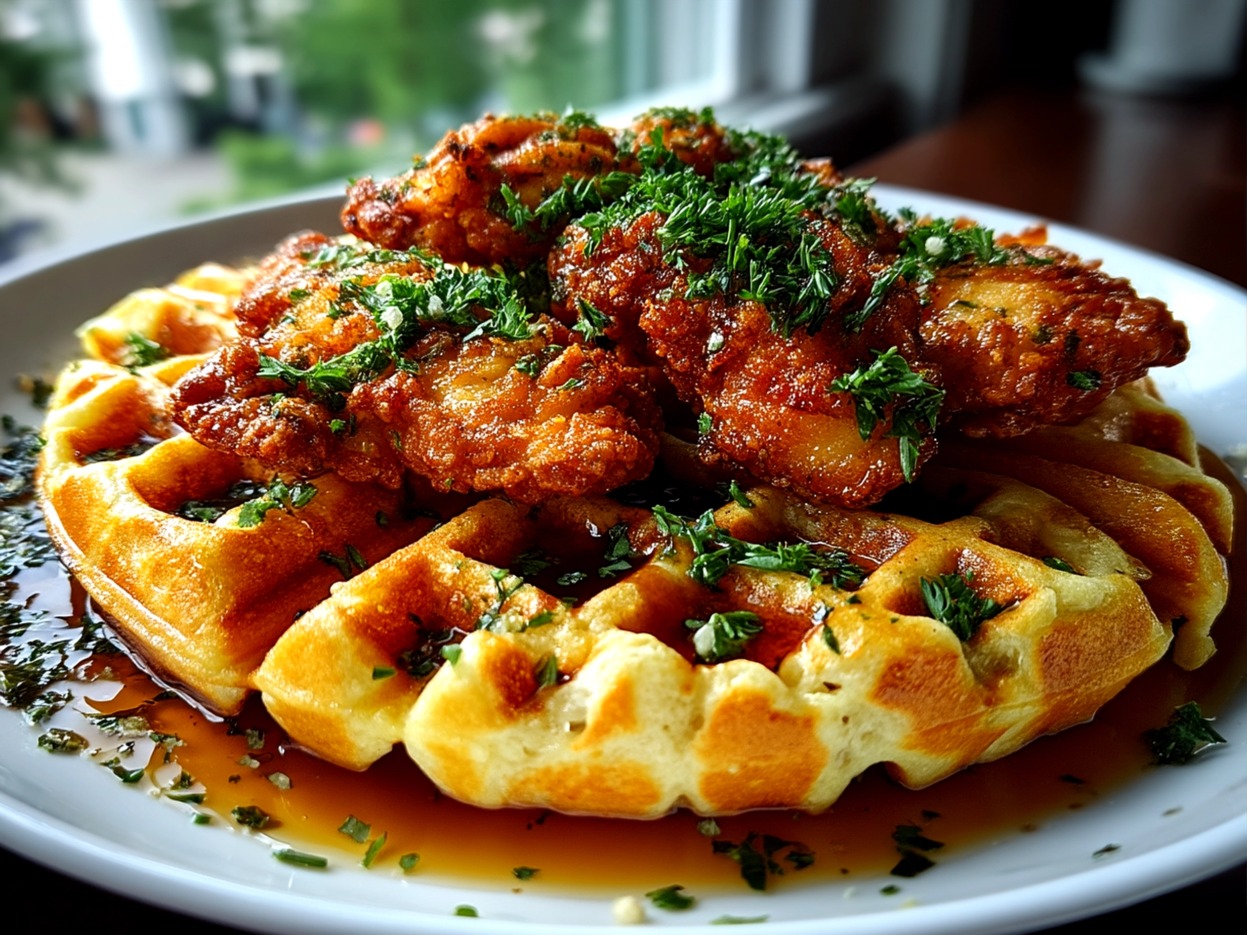 Serving Crispy Chicken Waffle with butter and maple syrup