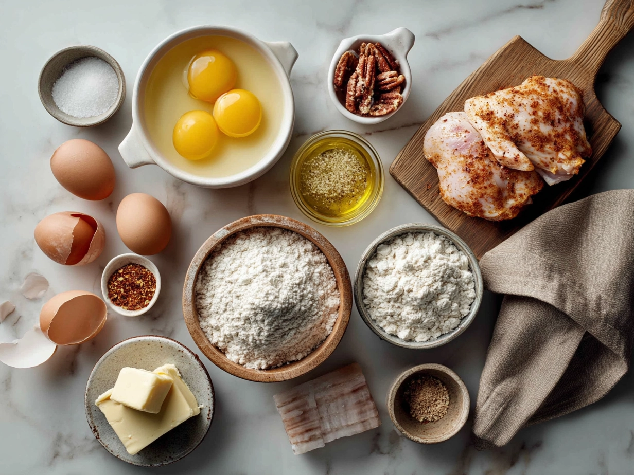 Ingredients for Crispy Chicken Waffle including chicken, flour, buttermilk, spices, waffle mix, and eggs