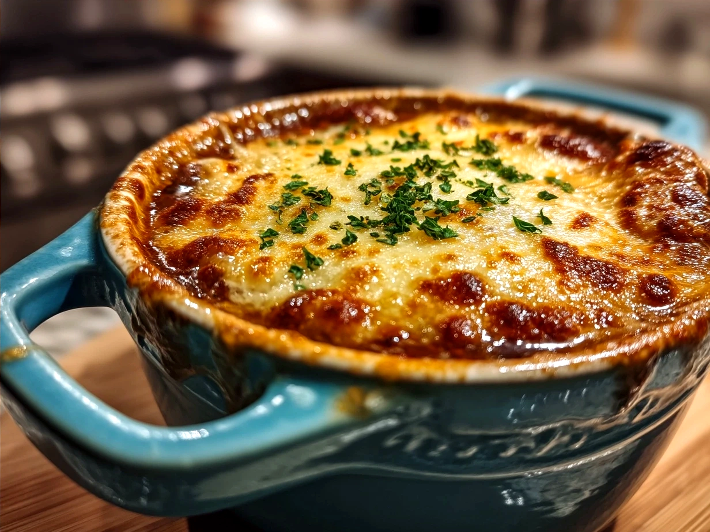 Rustic bread topped with melted Gruyere cheese on Dutch Oven French Onion Soup ready to serve