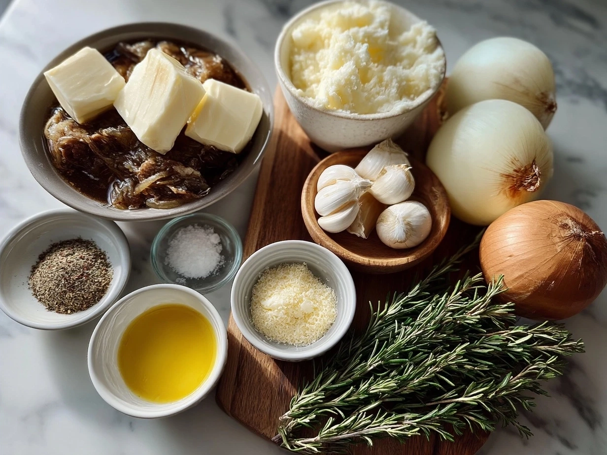 Ingredients for Dutch Oven French Onion Soup including onions, butter, garlic, broth, wine, thyme, bread, and Gruyere cheese