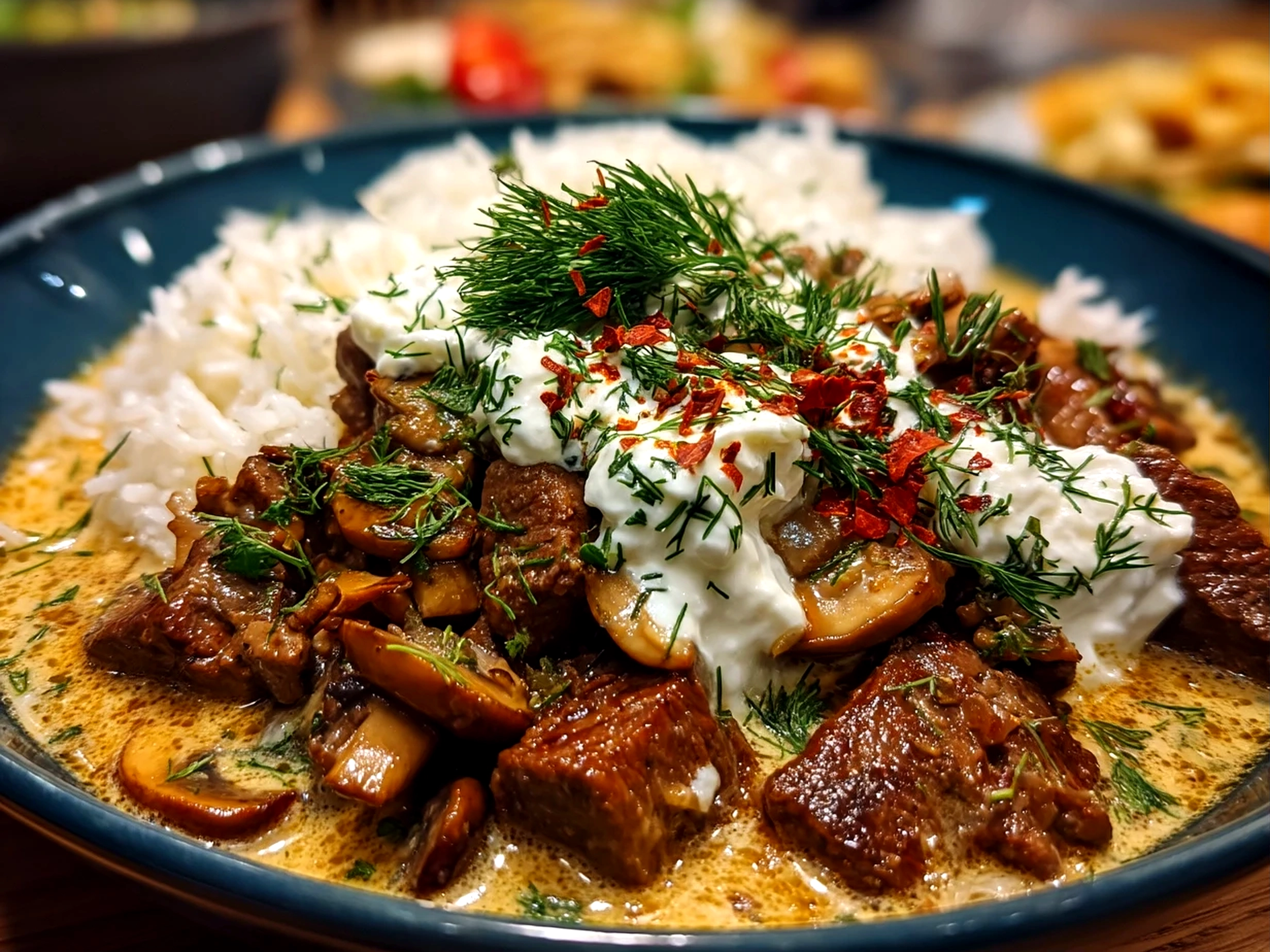 Beef Stroganoff with Sour Cream served on a plate with egg noodles and garnish.