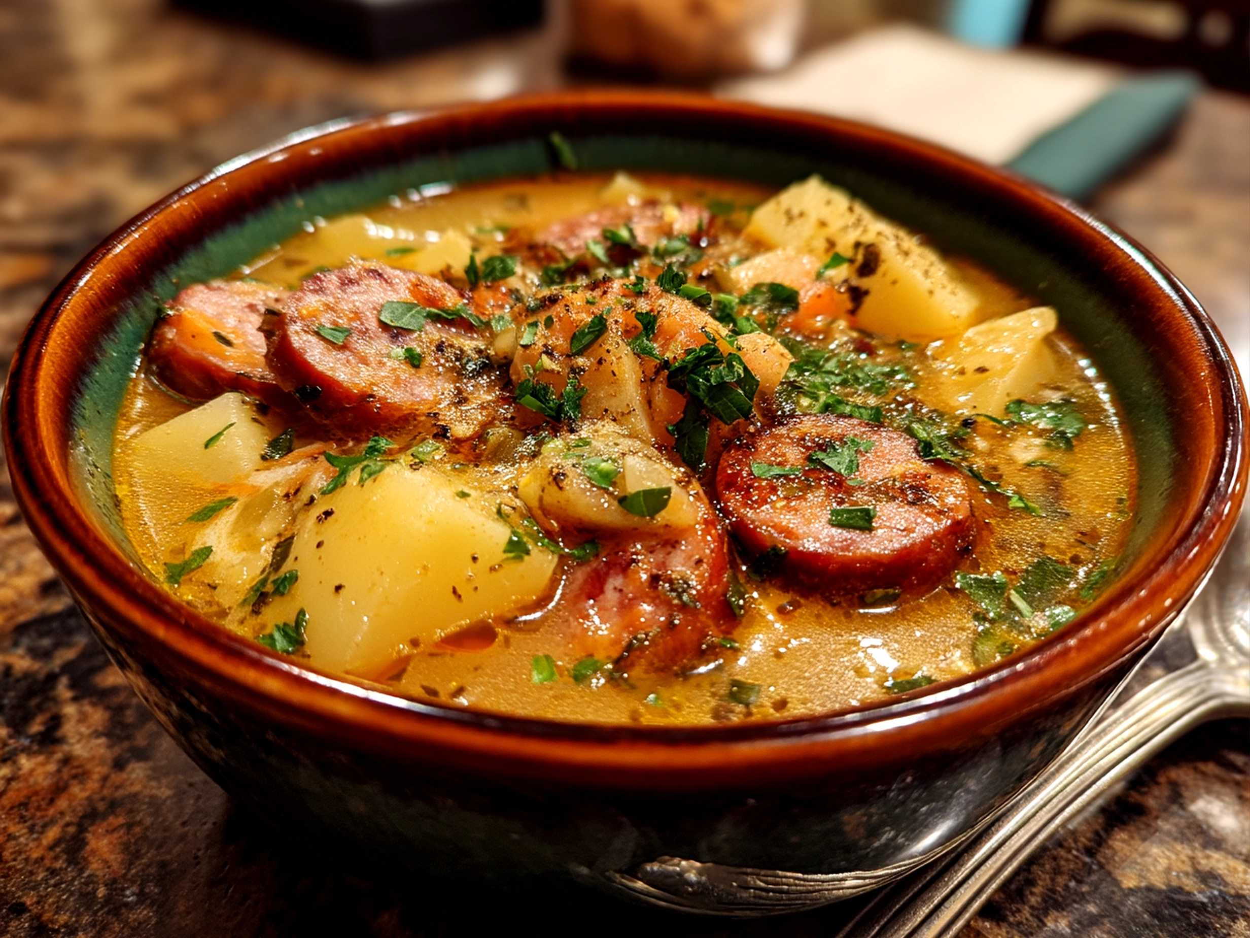 Close up of finished Cajun Potato Soup with Andouille Sausage in a bowl