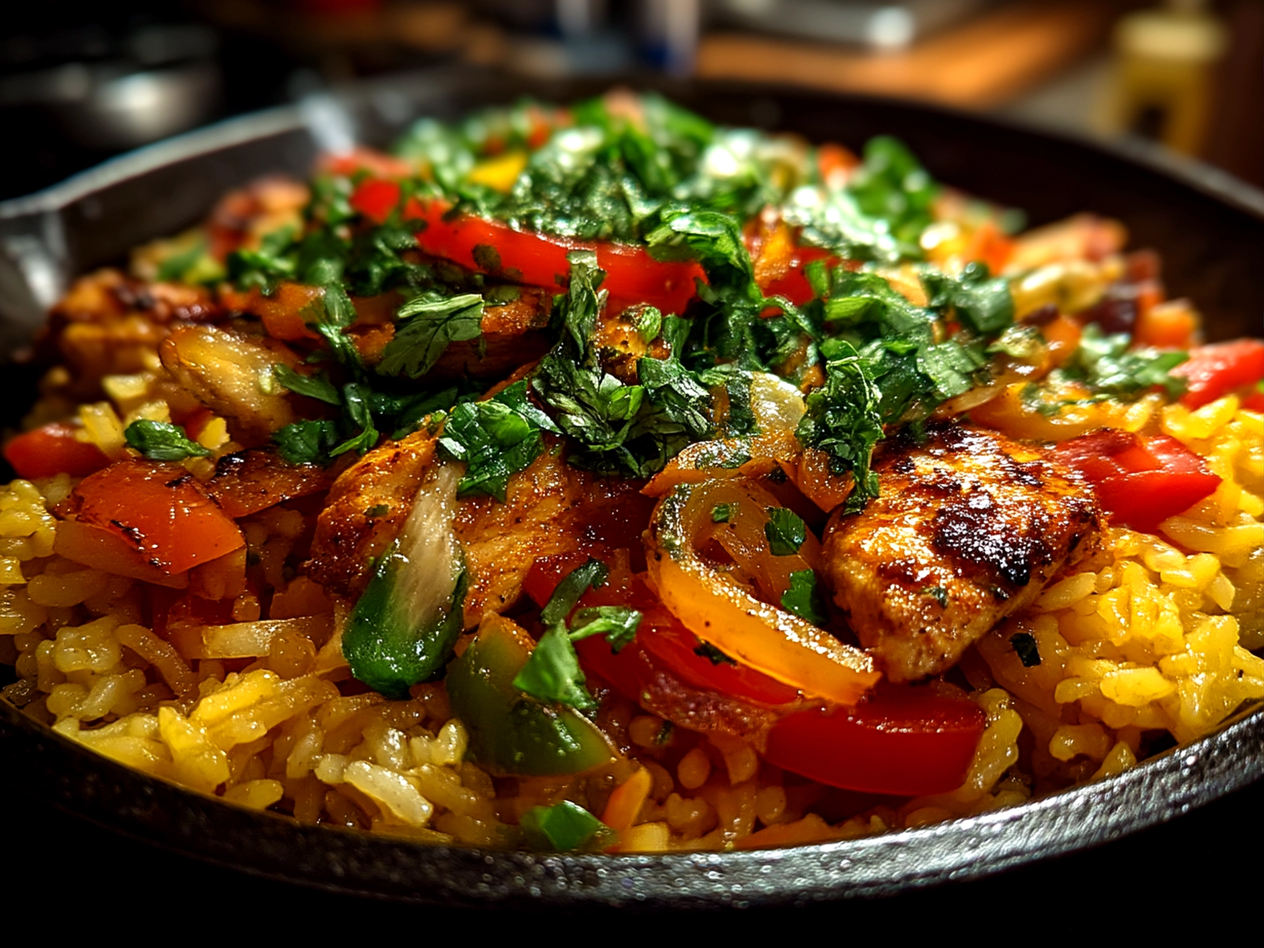 Close up of finished colorful Chicken Fajita Rice served and garnished with fresh cilantro