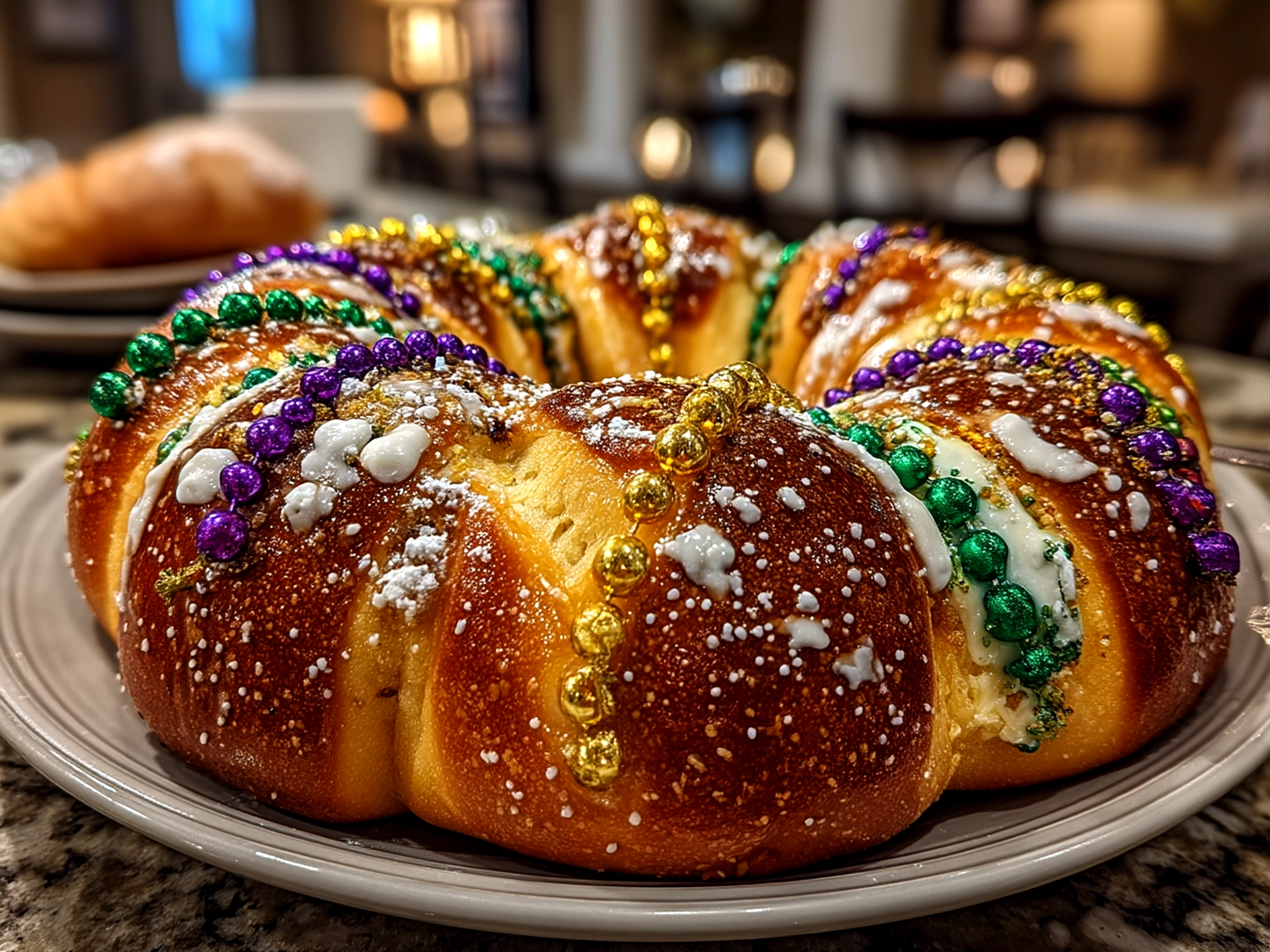 Finished Mardi Gras King Cake close-up with fresh glaze and colorful sugar