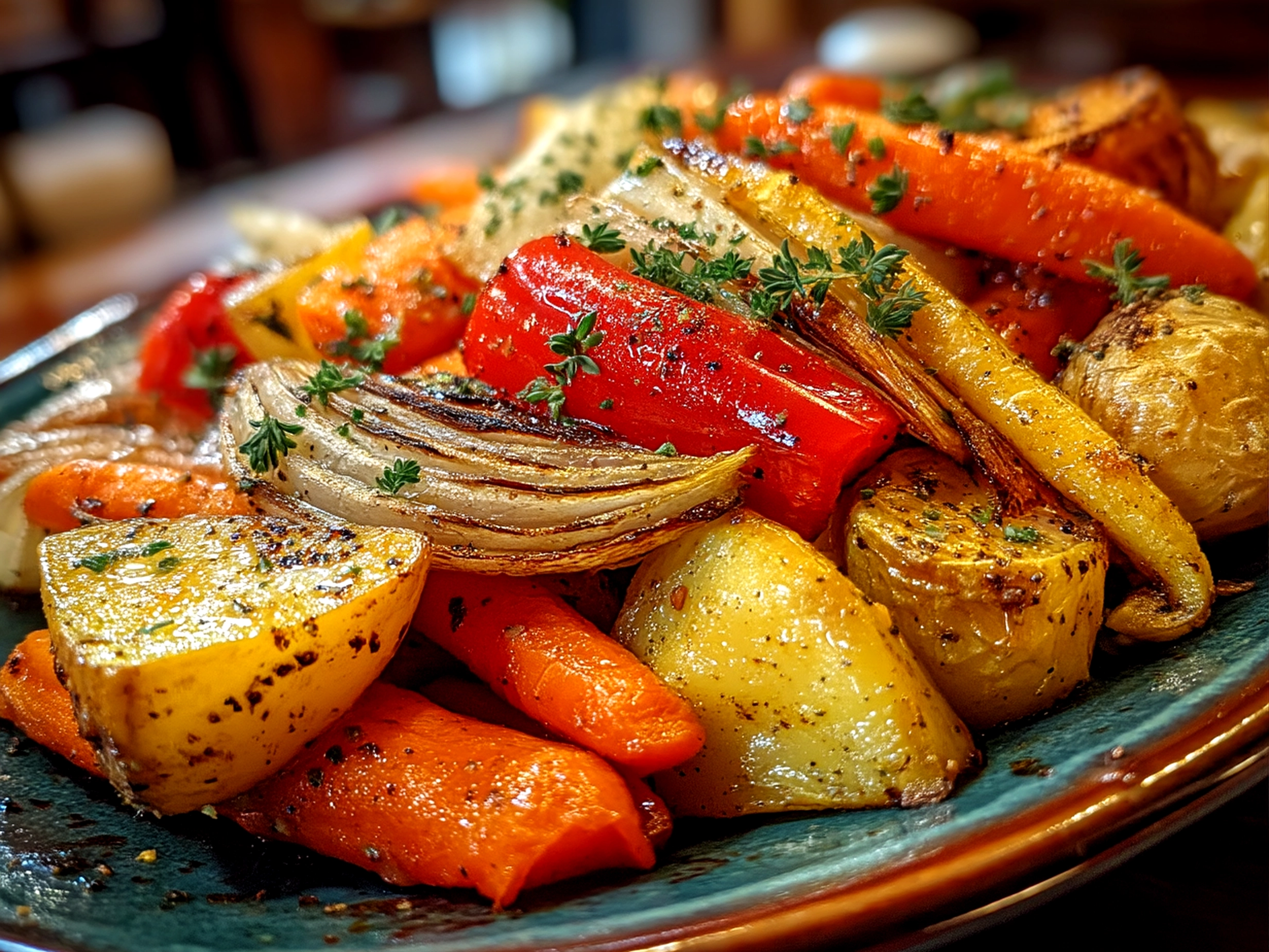 Close-up of finished Slow Cooker Roasted Fall Vegetables showing roasted squash, carrots, and onions with herbs