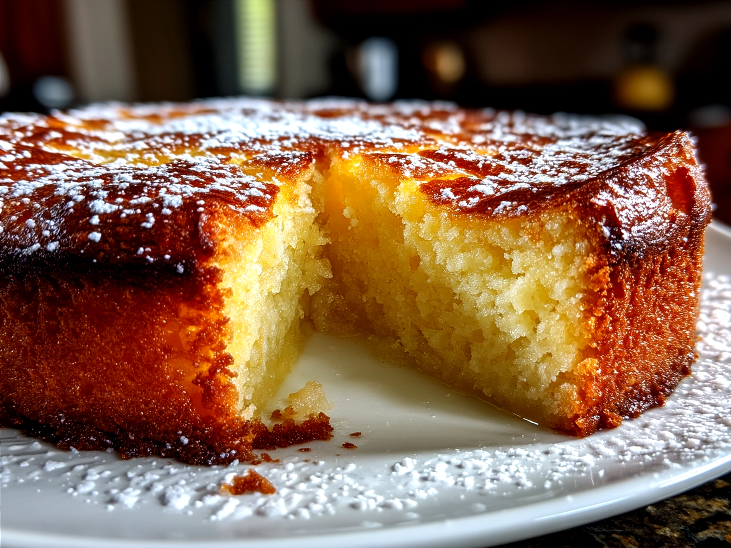 Slice of Flourless Yogurt Cake served with fresh berries and powdered sugar