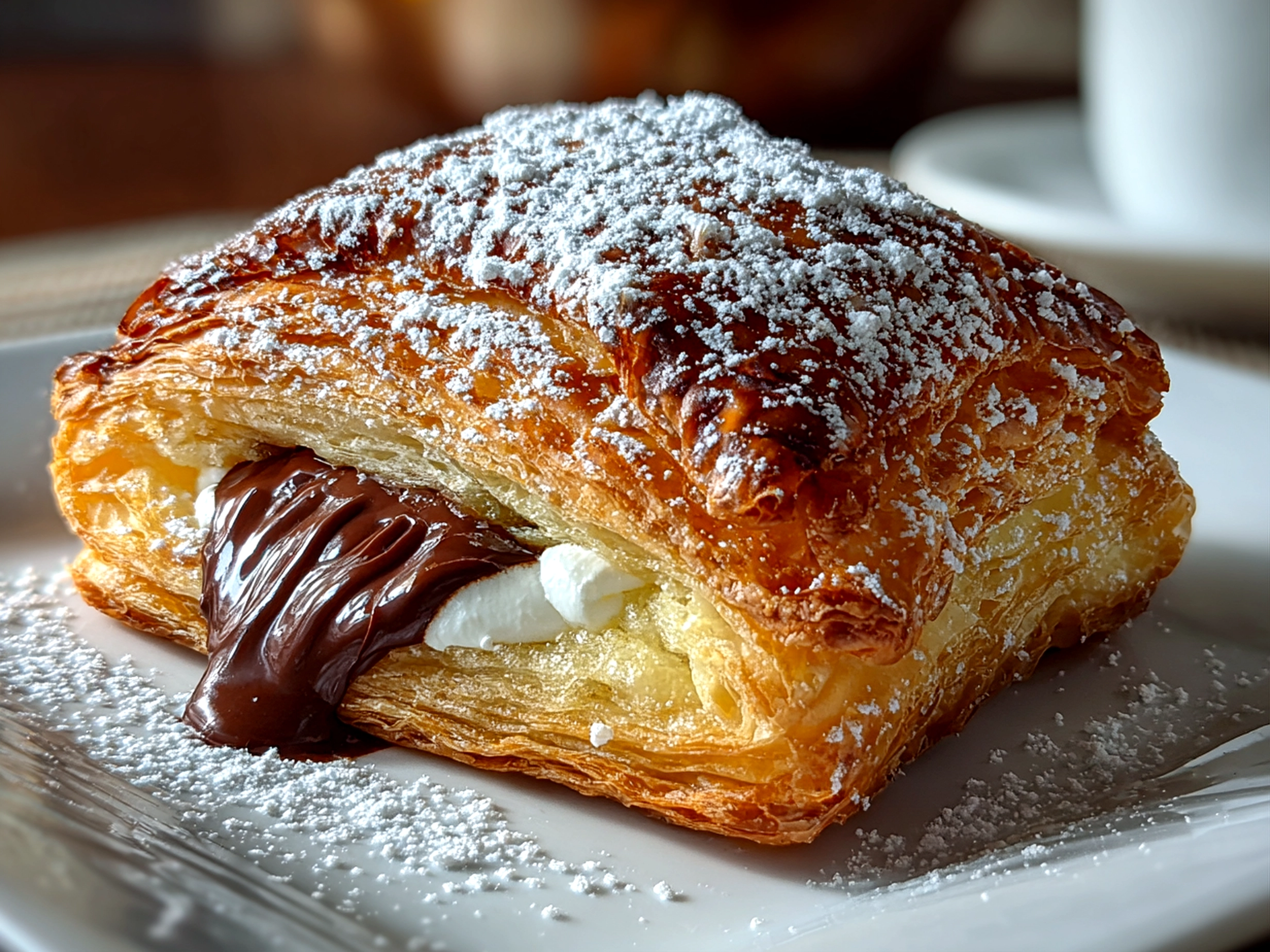Freshly baked chocolate puff pastry on a white plate