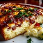 Freshly prepared crustless bacon cheese quiche on white plate