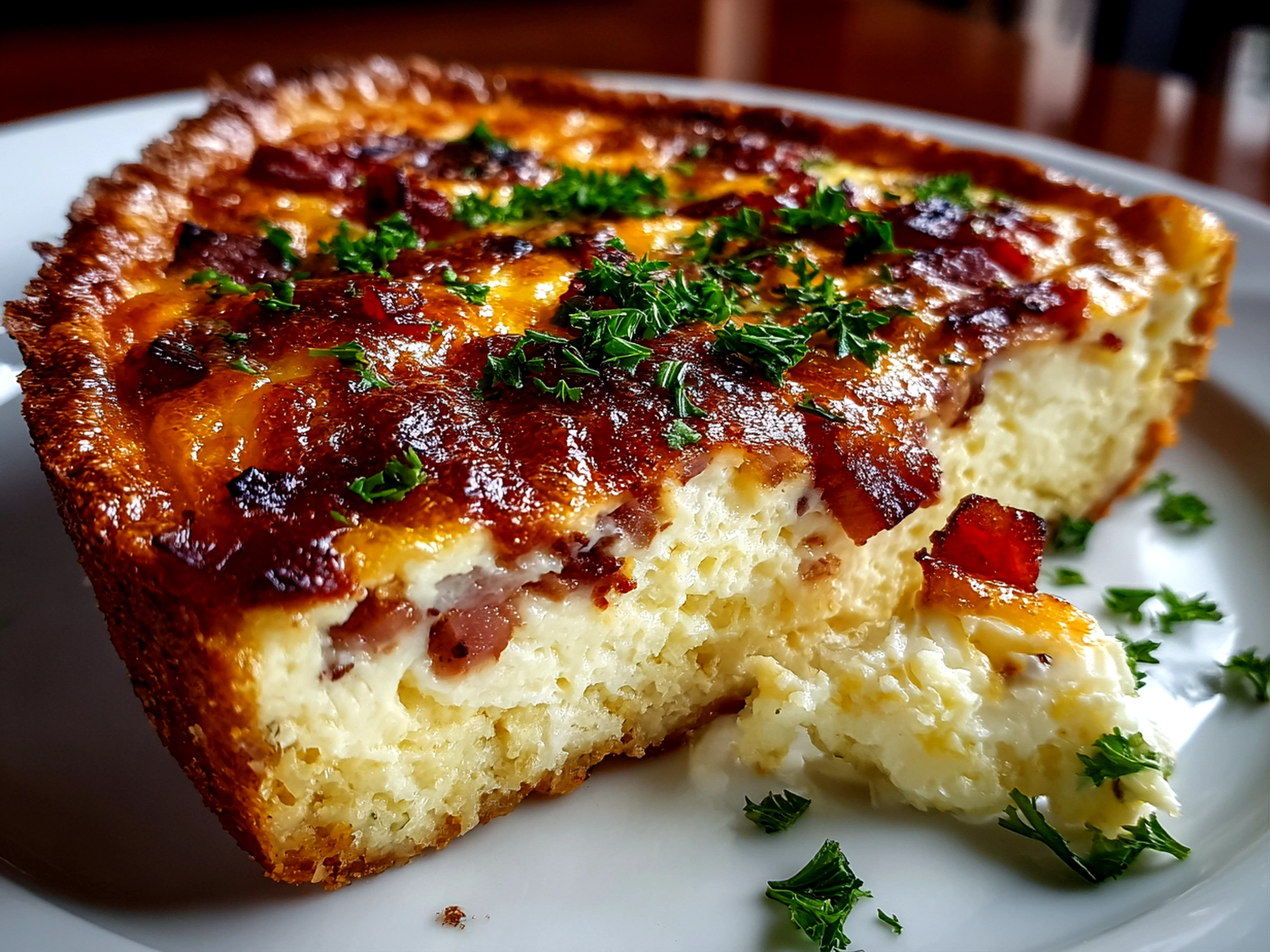 Freshly prepared crustless bacon cheese quiche on white plate