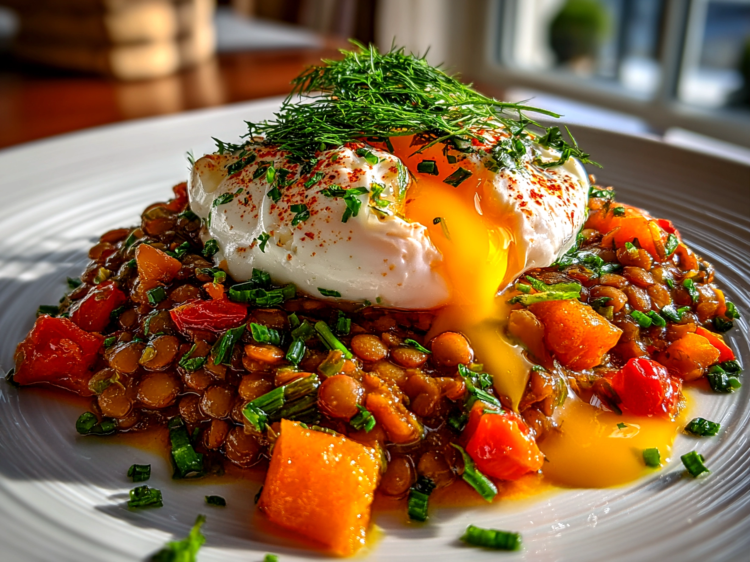 Freshly prepared Eggcentric lentils with poached egg and yogurt on white plate