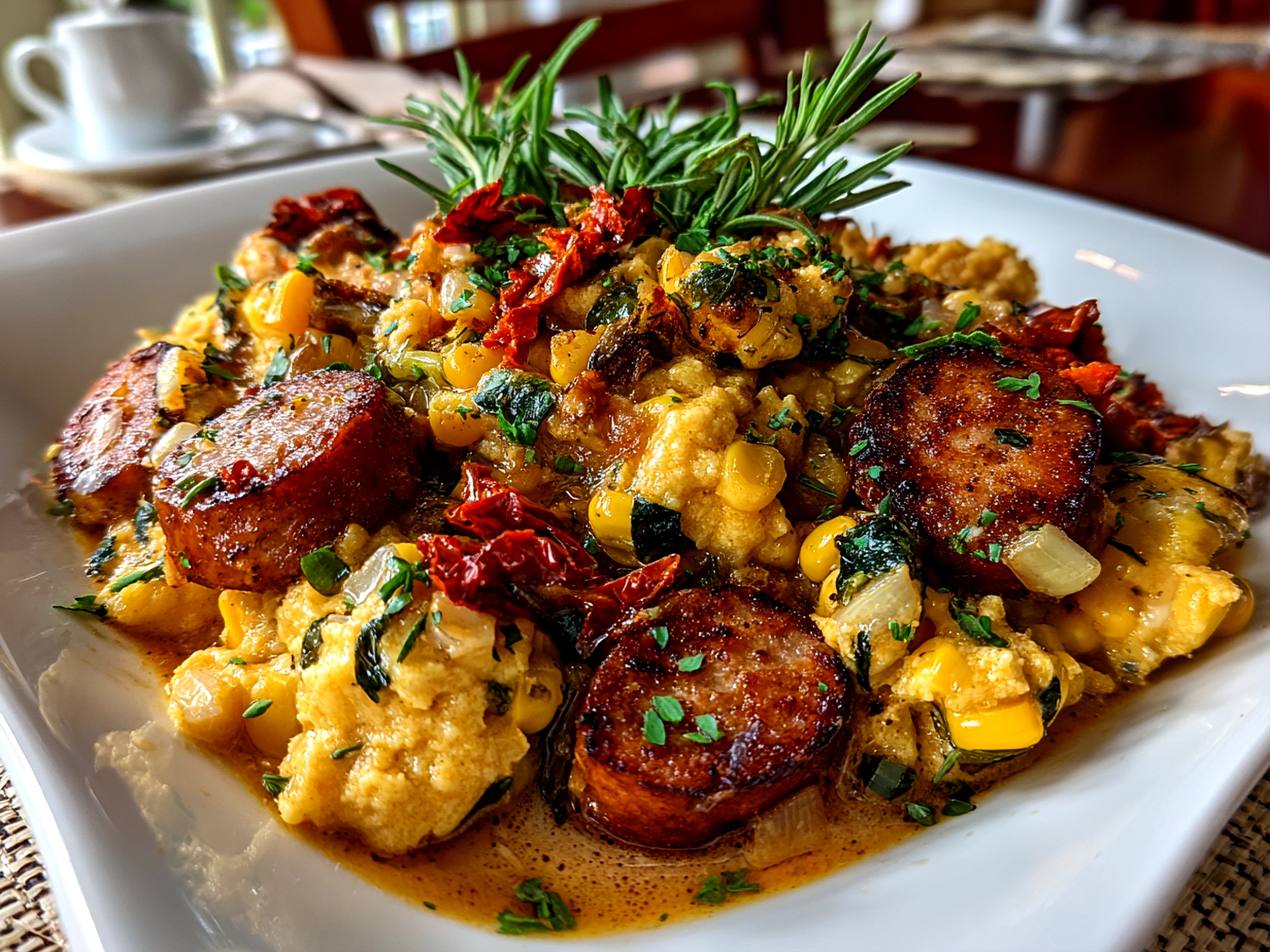 Freshly prepared Maque Choux With Sausage Corn close-up