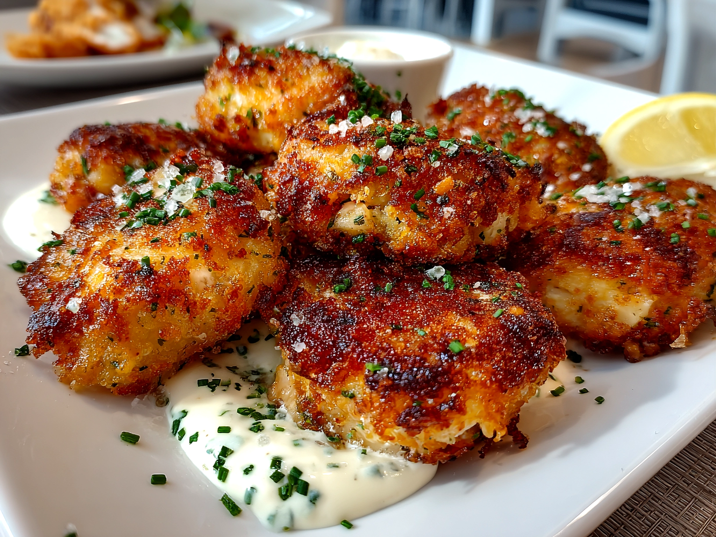 Freshly prepared salmon croquettes plated on white dish