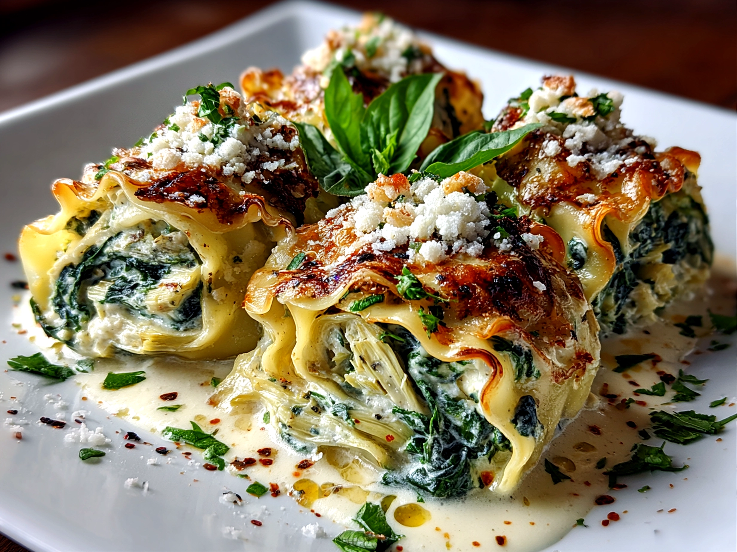 Freshly prepared Spinach Artichoke Lasagna Rolls served