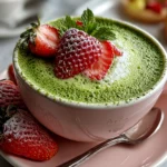 Freshly prepared Strawberry Matcha Latte on white marble