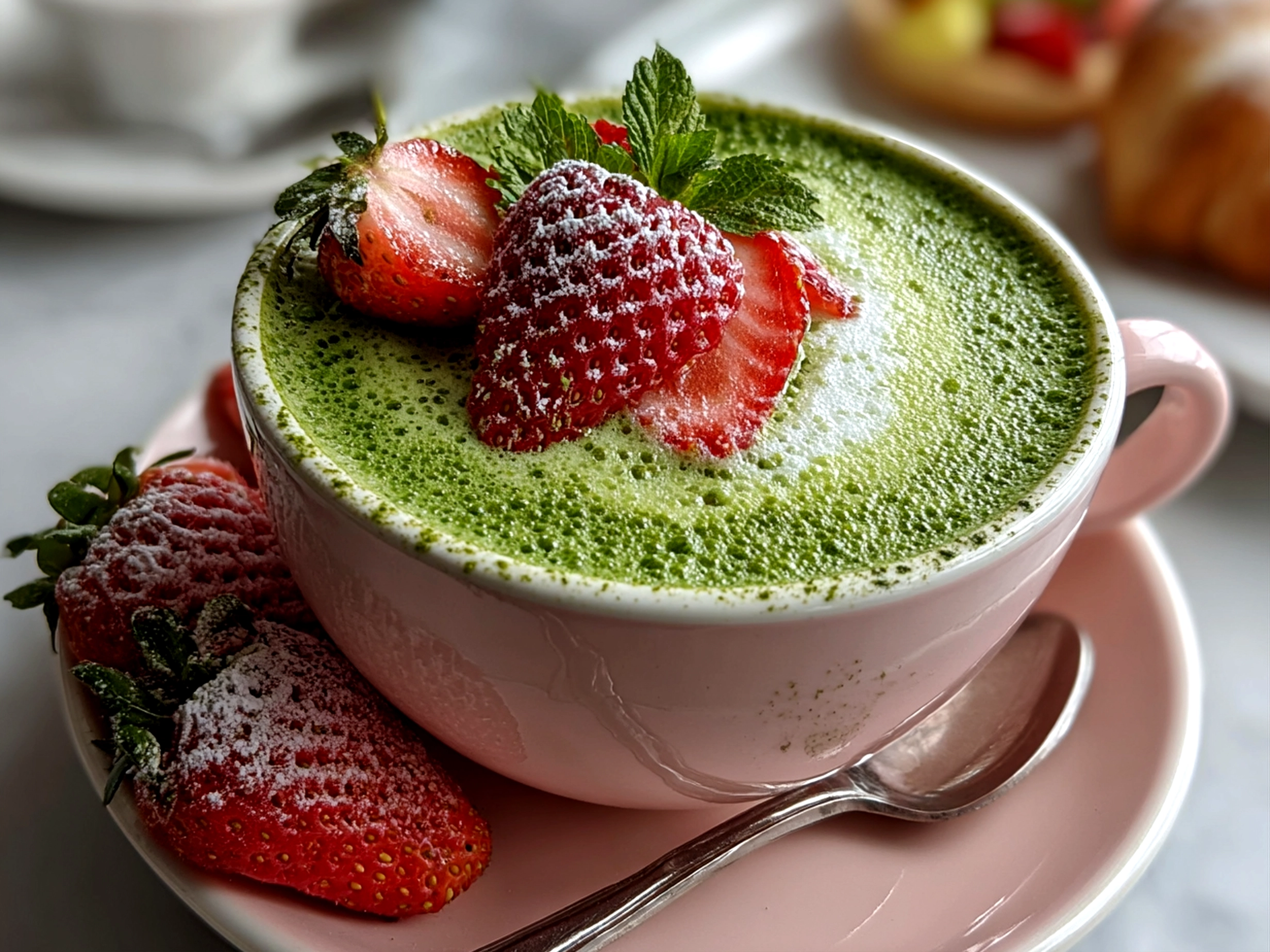Freshly prepared Strawberry Matcha Latte on white marble