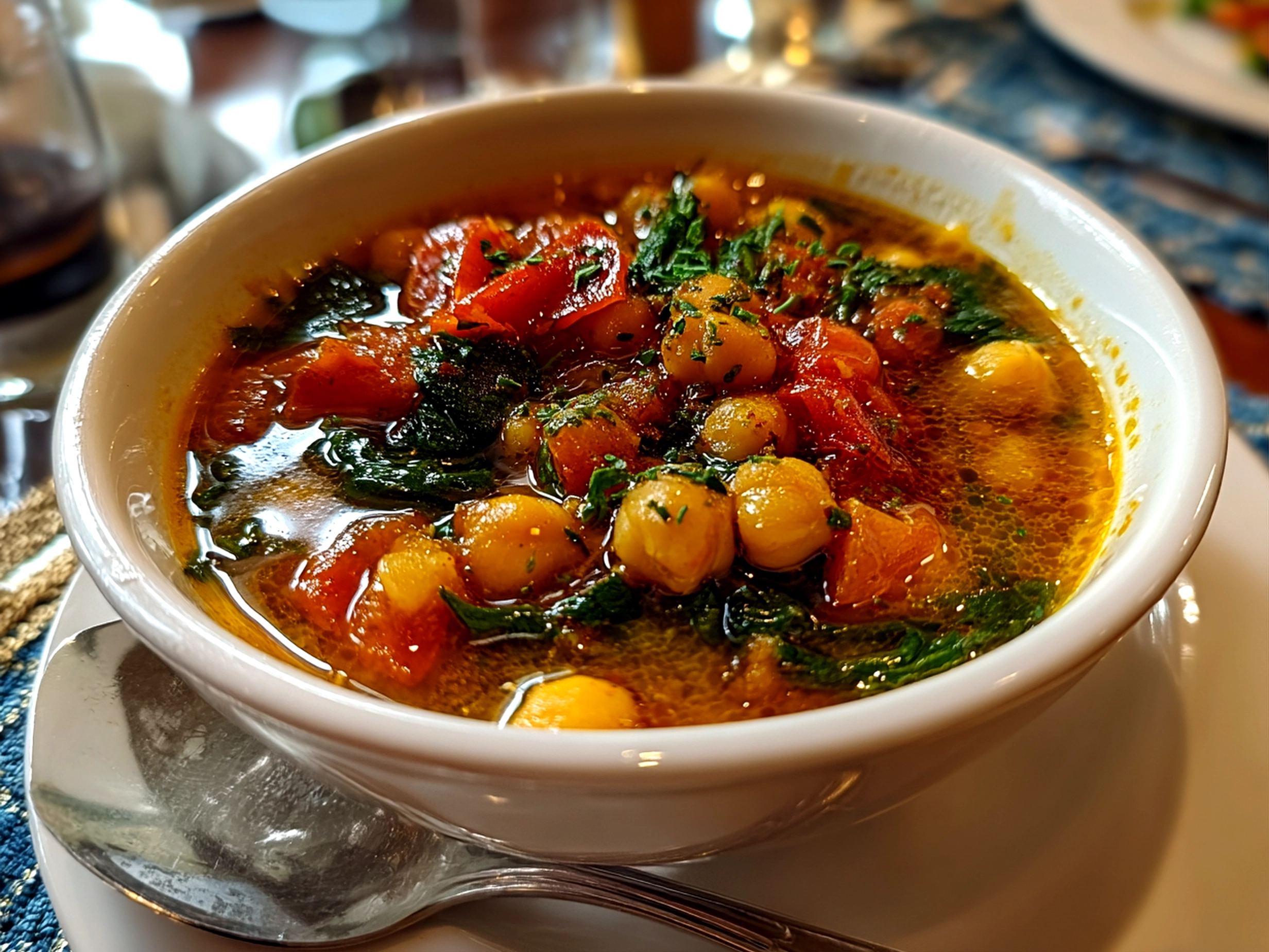 Freshly prepared Tuscan Chickpea Soup in rustic bowl