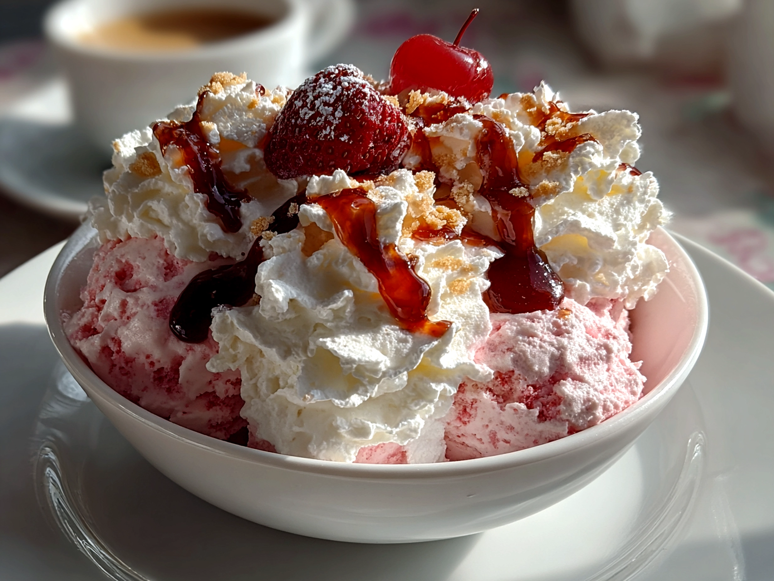Freshly prepared Valentines Cakes Nice Cream Bowl on white plate