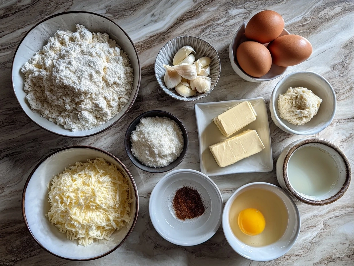 Ingredients for garlic butter dinner rolls displayed on a wooden surface