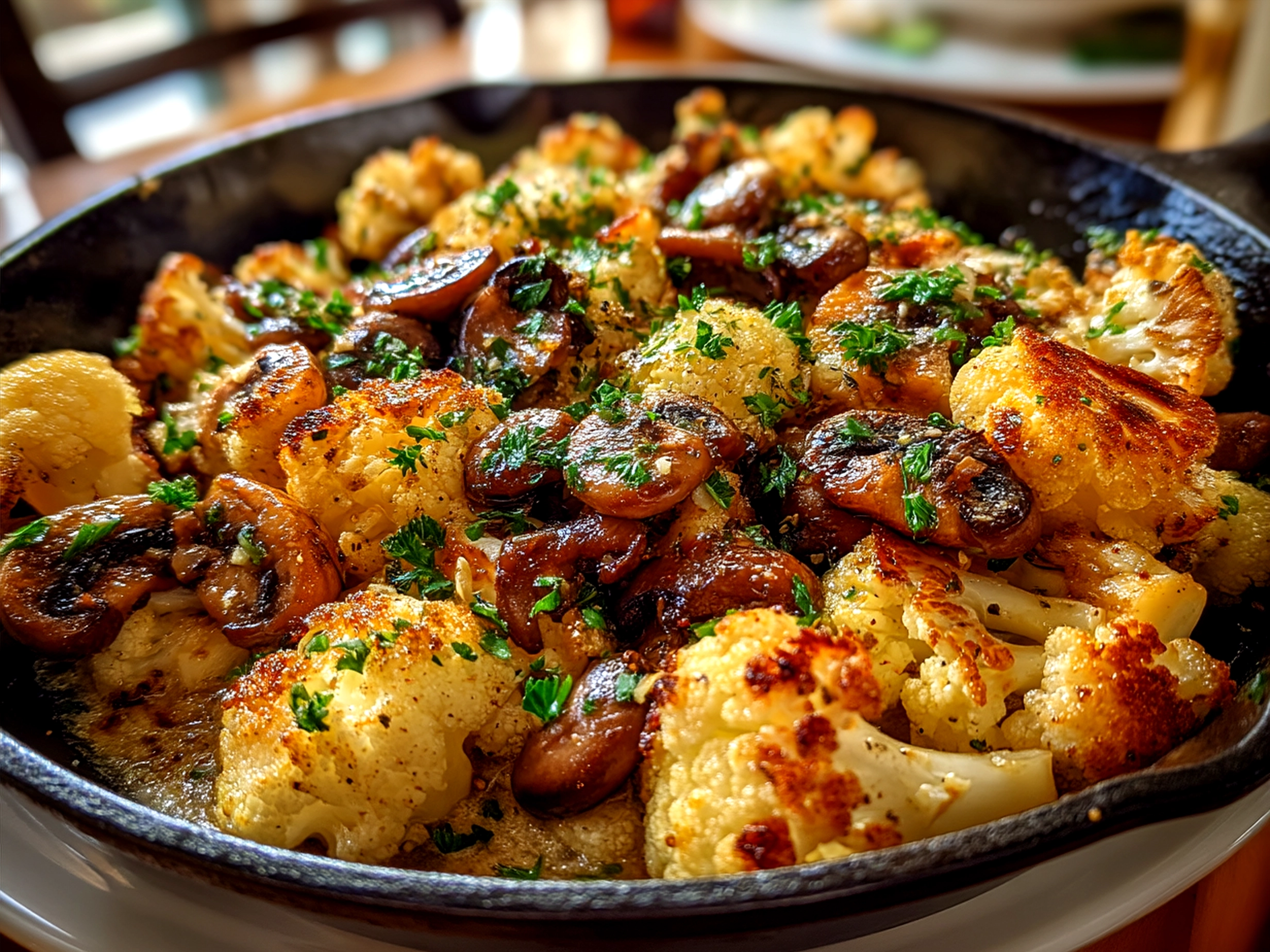 Finished Garlic Cauliflower Mushroom Skillet garnished with fresh parsley
