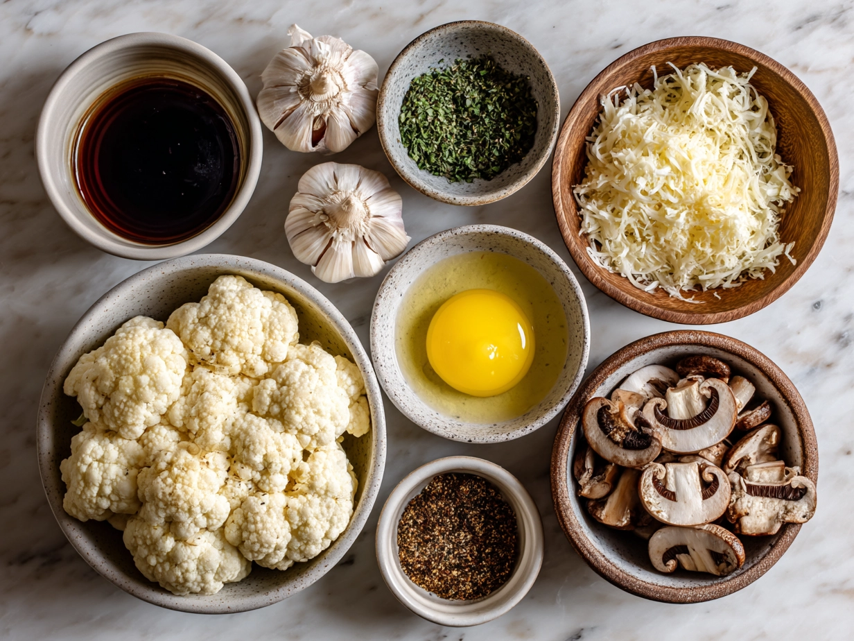 Ingredients for Garlic Cauliflower Mushroom Skillet: cauliflower, mushrooms, garlic, olive oil, herbs, lemon juice