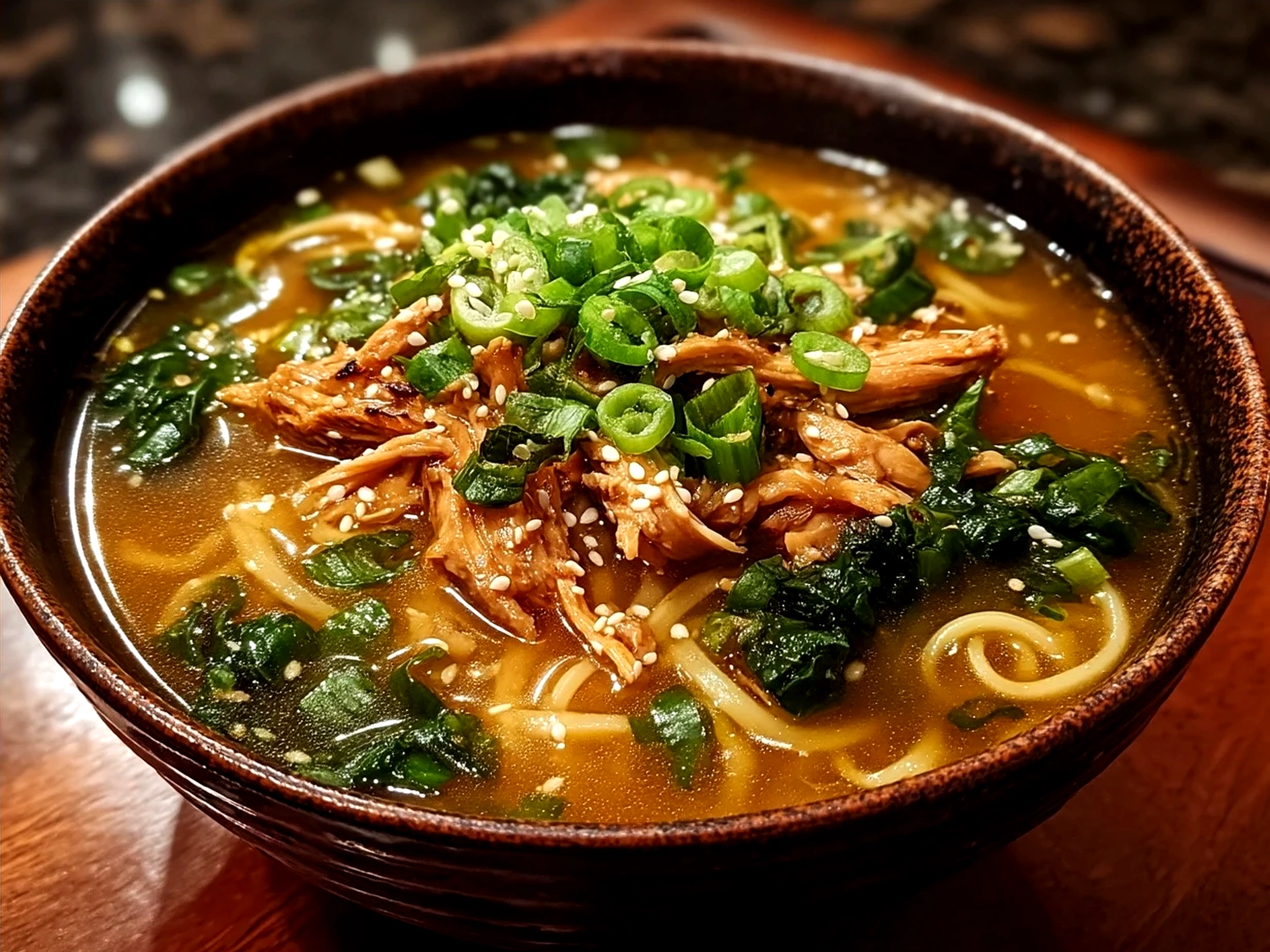 Bowl of ready Ginger Scallion Chicken Noodle Soup garnished with fresh scallions