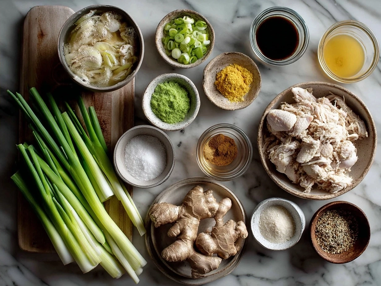 Ingredients for Ginger Scallion Chicken Noodle Soup including fresh ginger, scallions, garlic, chicken, and noodles