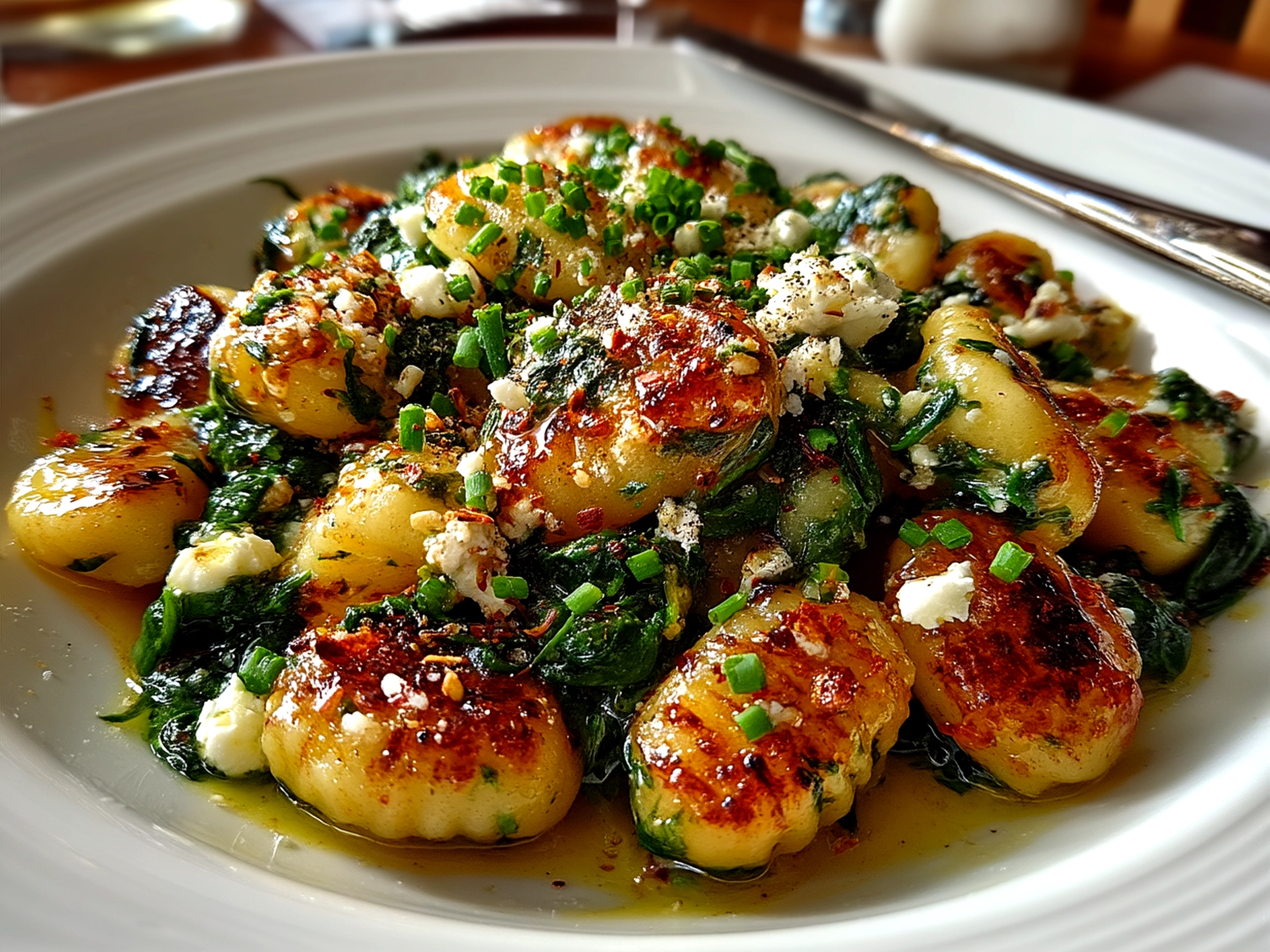 Serving plate of Gnocchi with Spinach and Feta garnished with fresh herbs