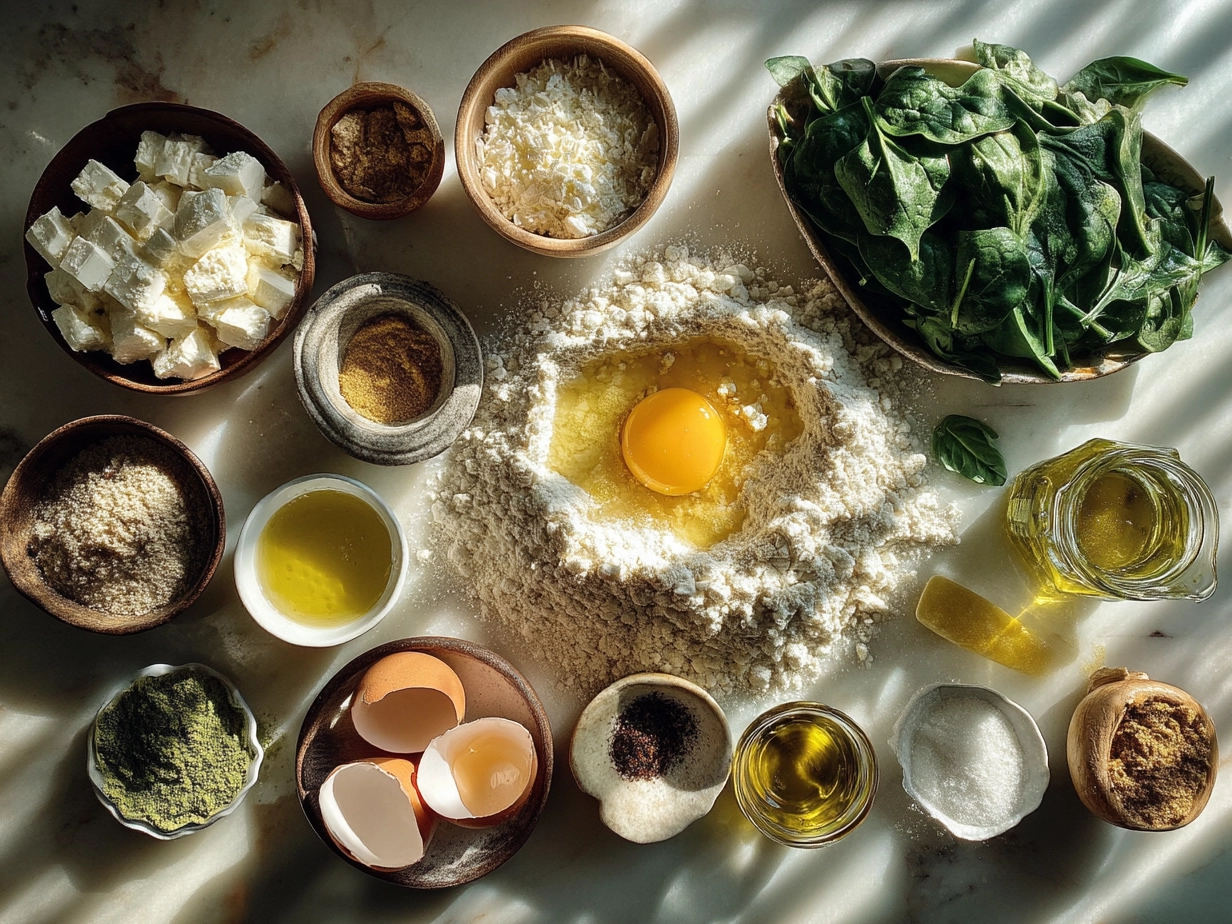 Ingredients for Gnocchi with Spinach and Feta including gnocchi, fresh spinach, feta cheese, garlic, onion, and cream