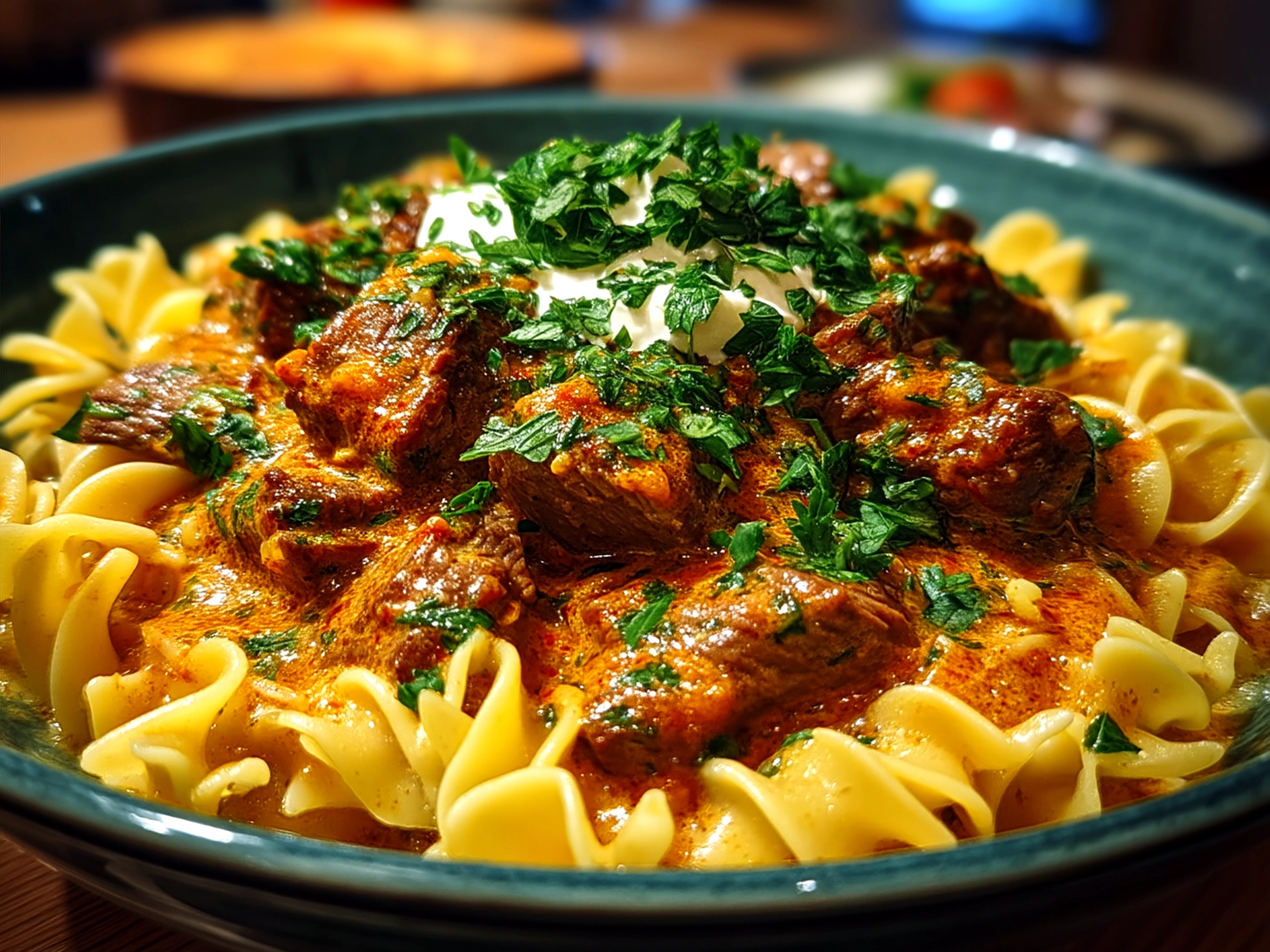 Serving of Gordon Ramsay Beef Stroganoff with noodles and parsley garnish