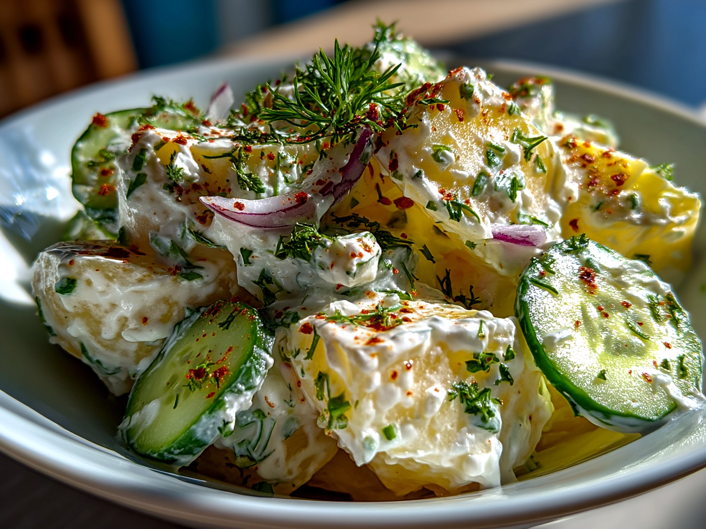 Serving bowl of fresh Greek Yogurt Potato Salad with Cucumbers