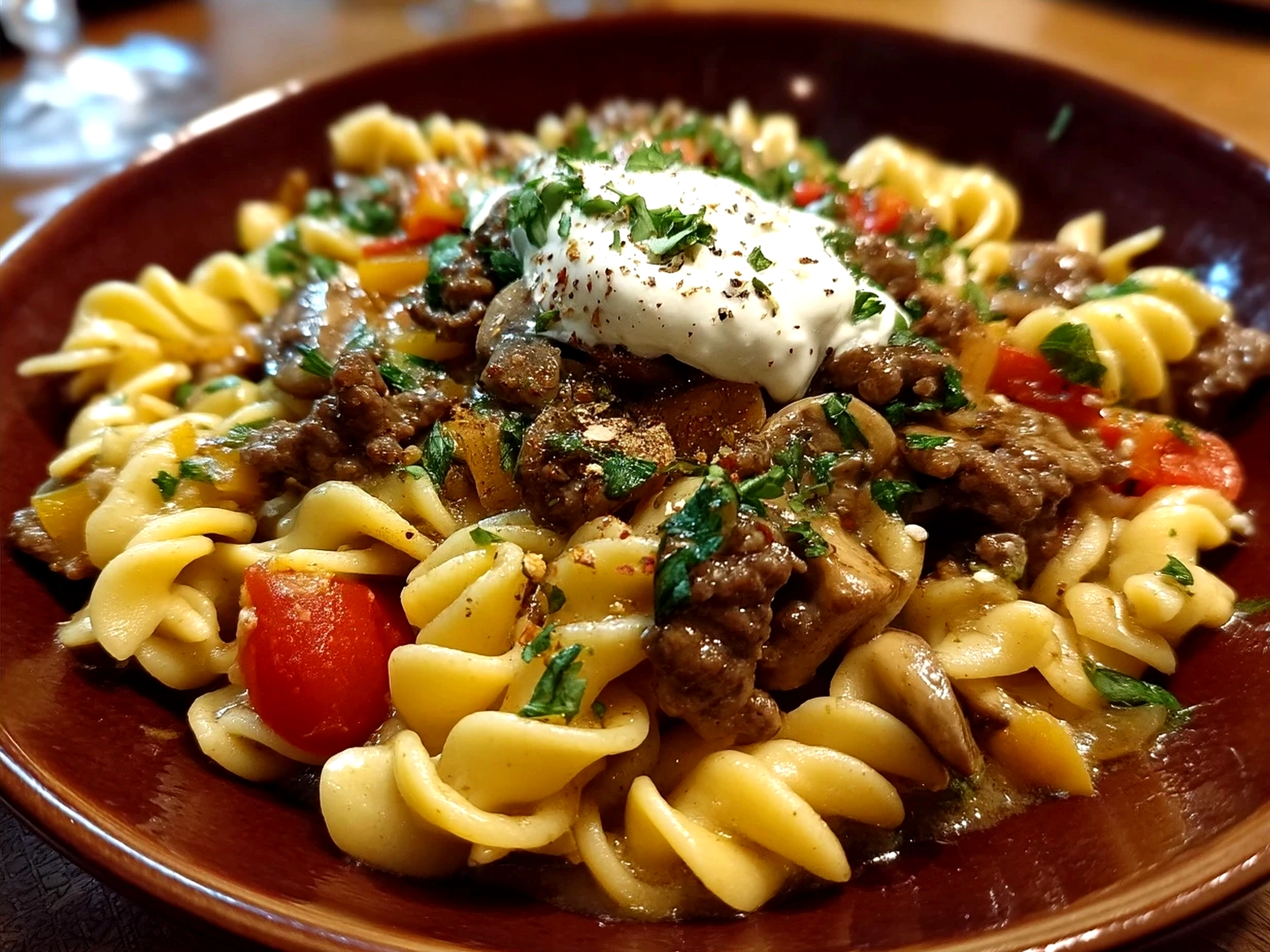 Creamy ground beef stroganoff served over egg noodles with garnish