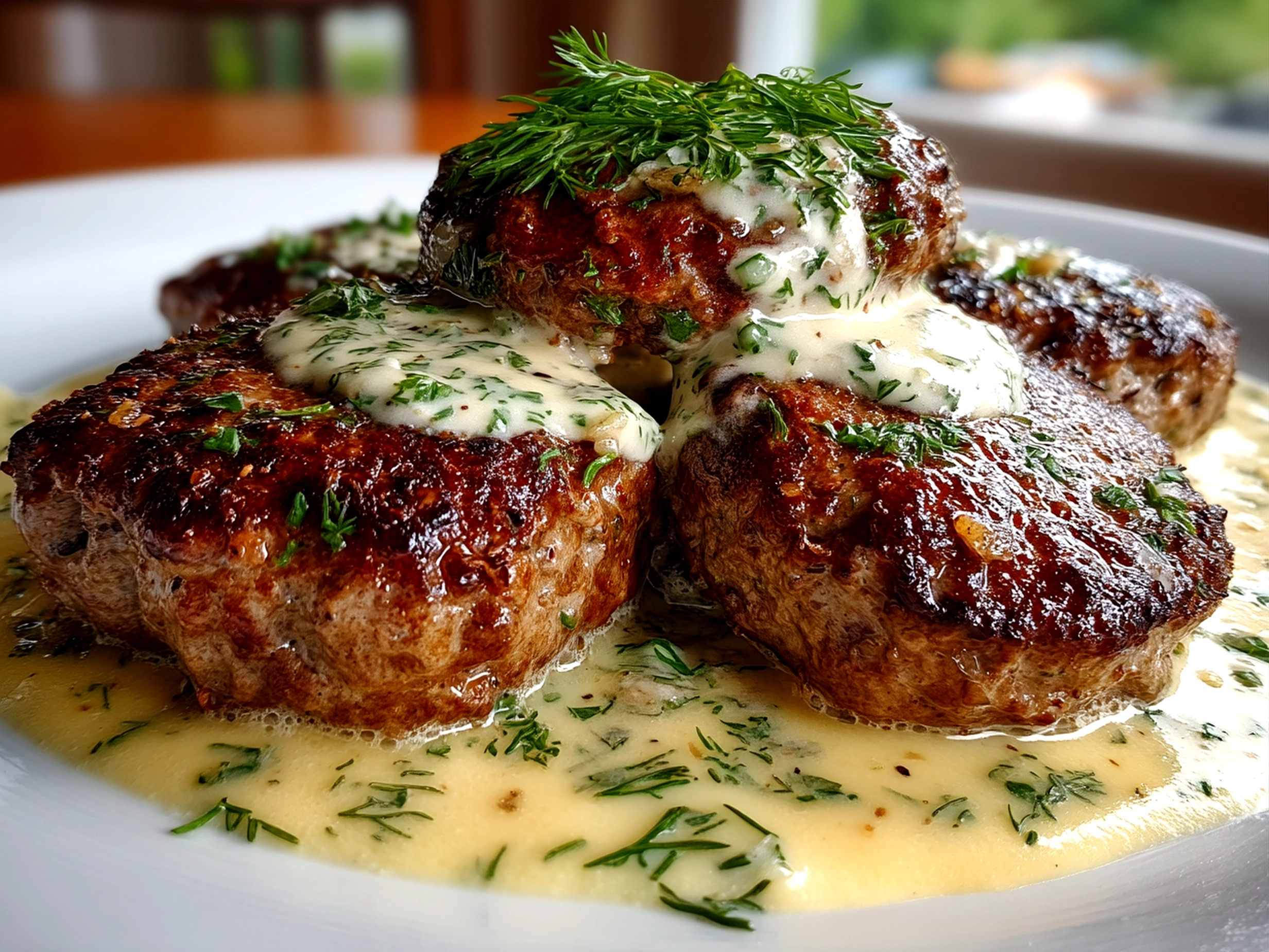 Hamburger Steaks in Creamy Dill Sauce served with mashed potatoes and green beans
